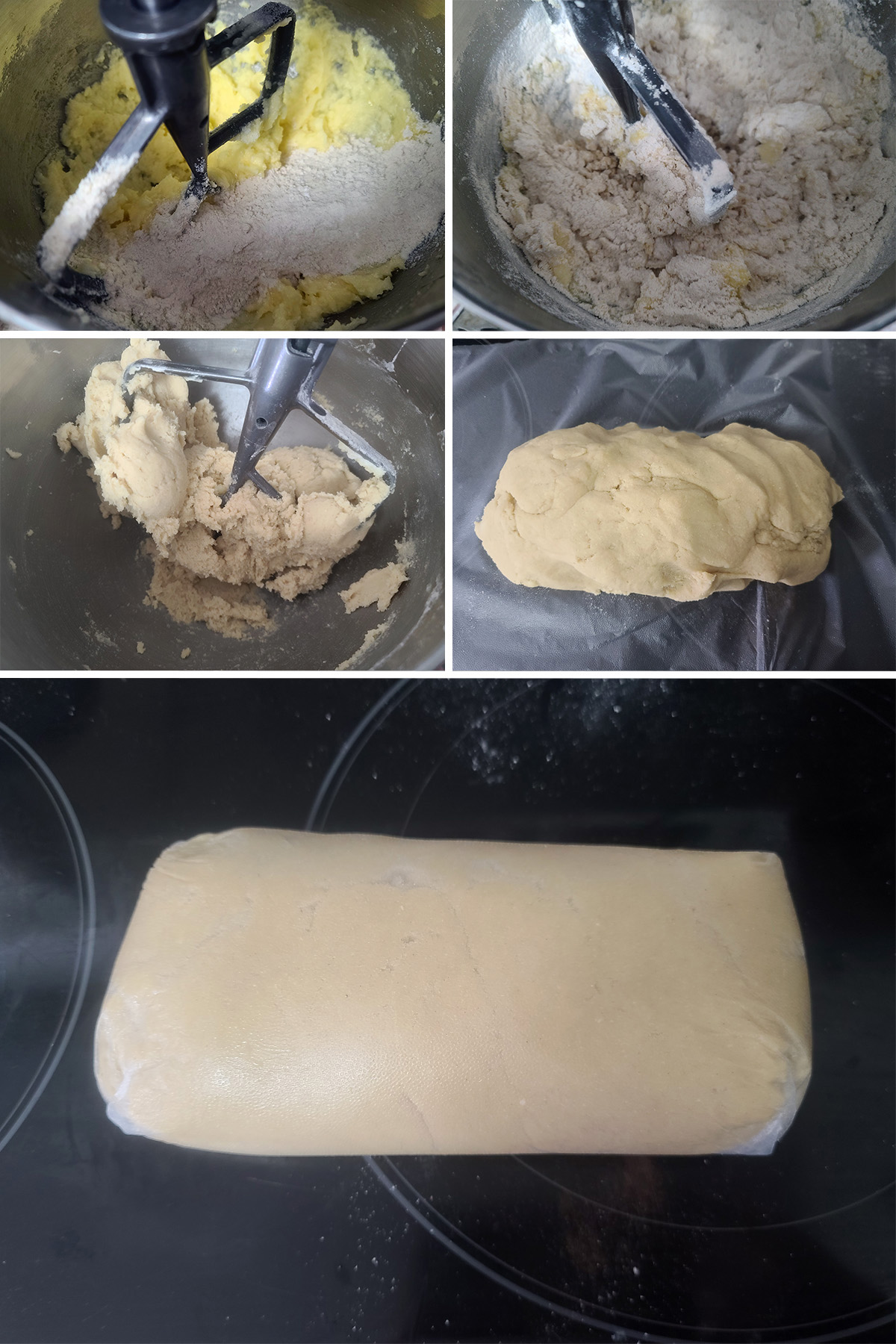 A 5 part image showing the dry ingredients being added to the mixer, the dough being formed, and the cookie dough wrapped in plastic wrap.
