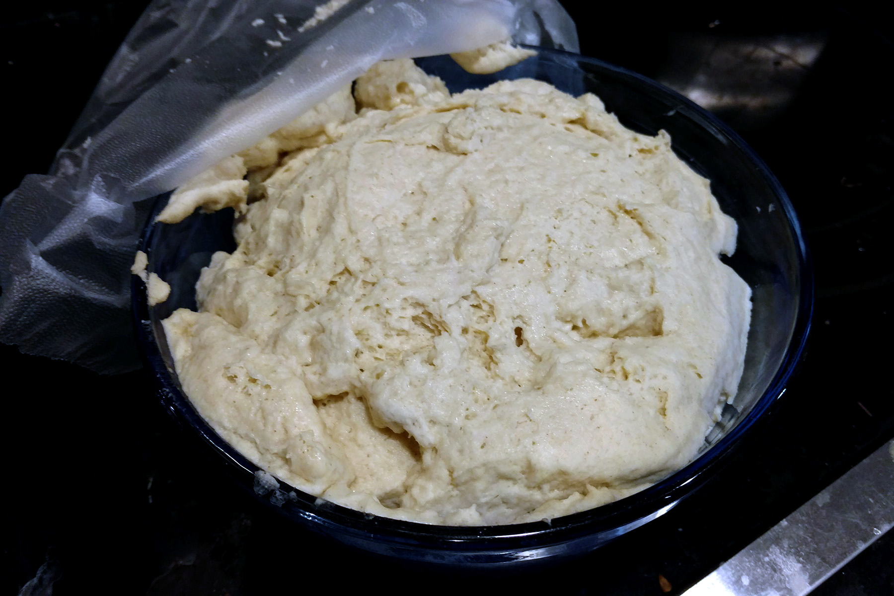 A bowl of fluffy gluten-free dough, after rising.