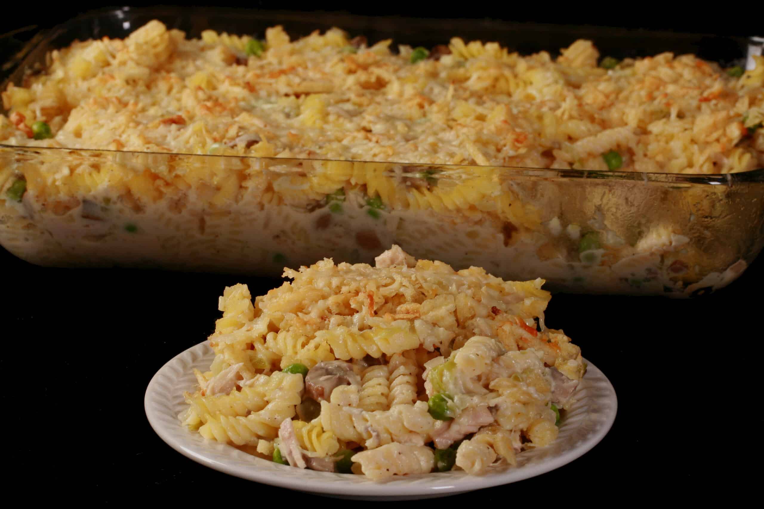 A close up photo of a serving of gluten-free tuna casserole.