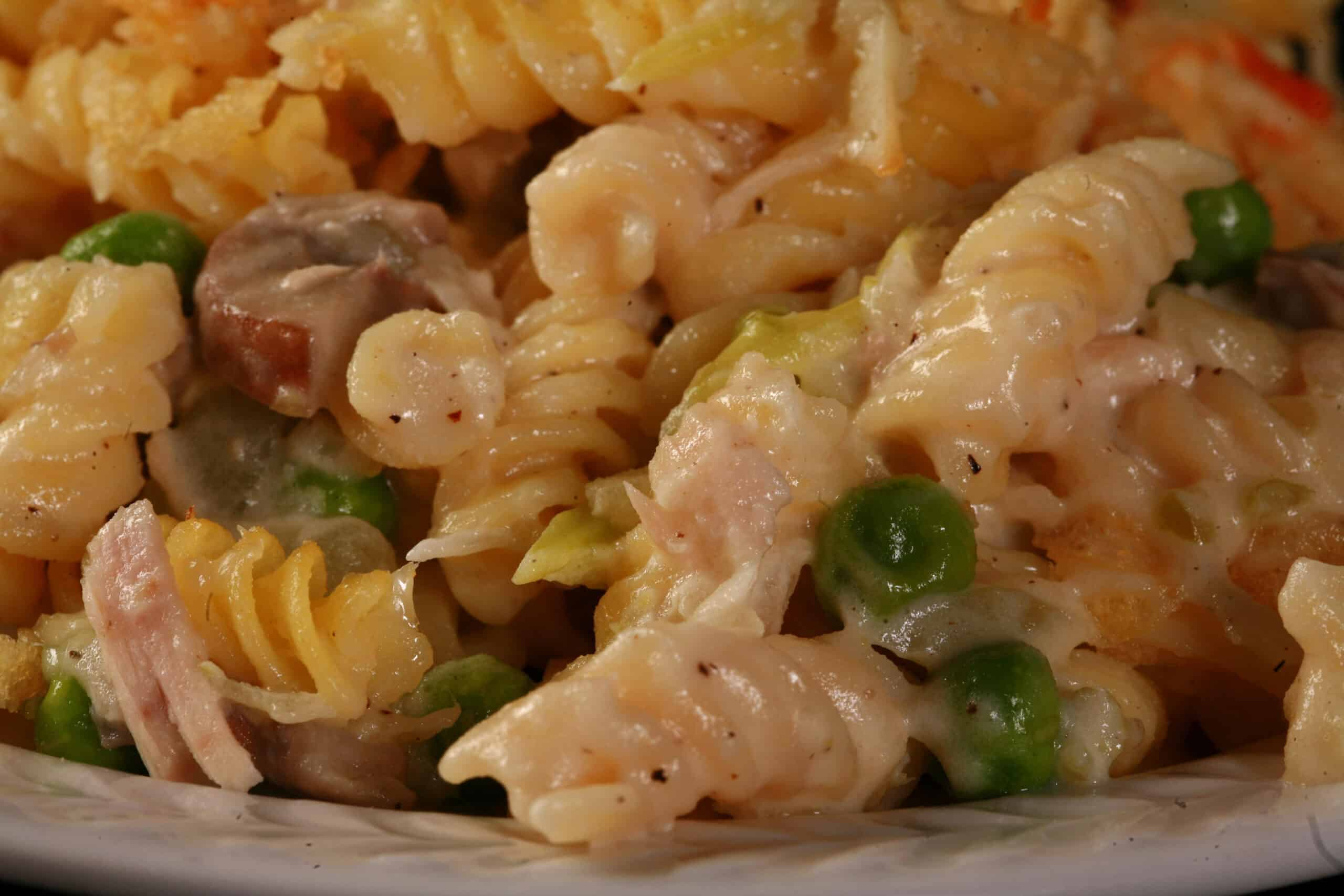 A close up photo of a serving of gluten free tuna casserole.