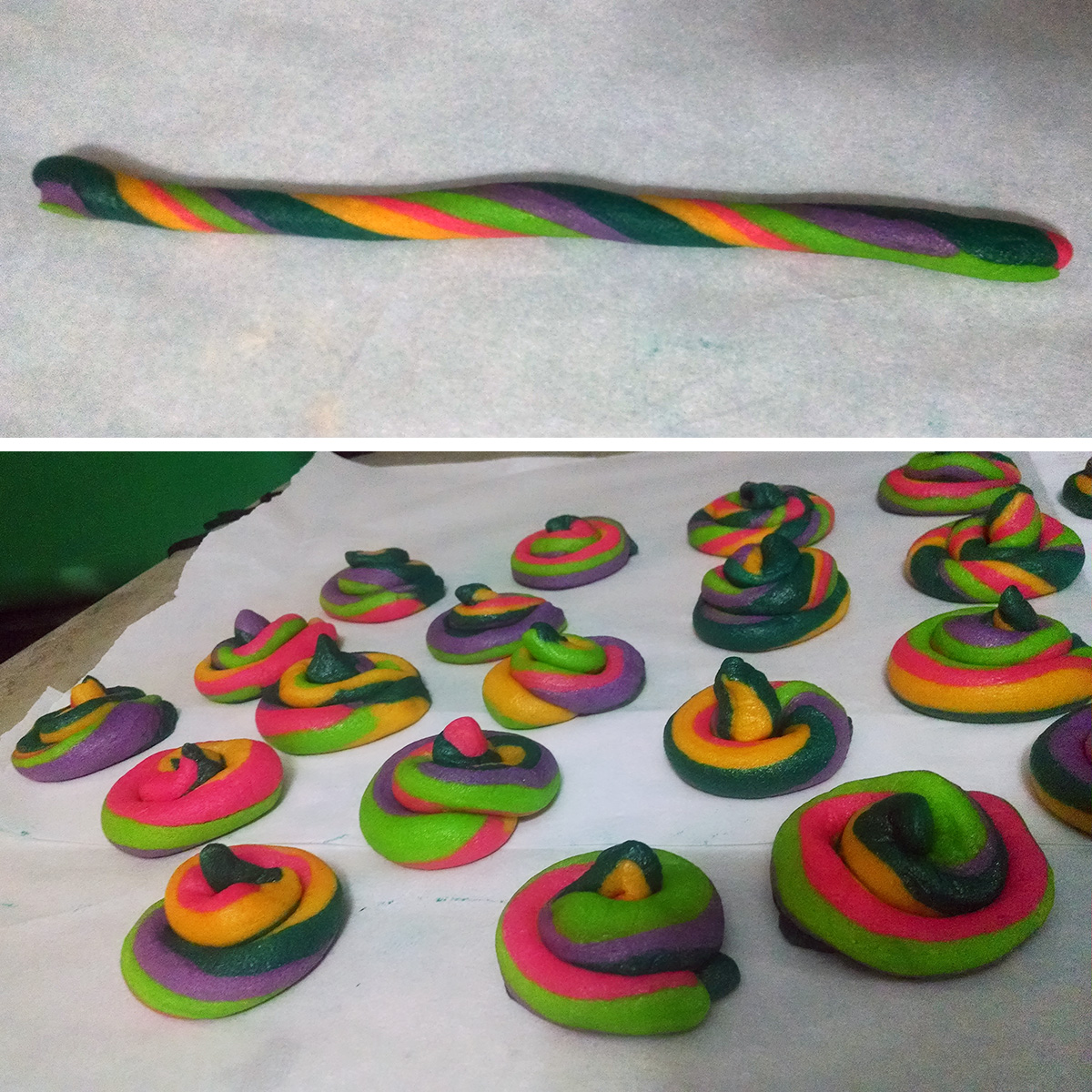 A two part compilation image showing one long rope of twisted, brightly coloured cookie dough on top, then a tray of formed "unicorn poop" cookies on the bottom image.