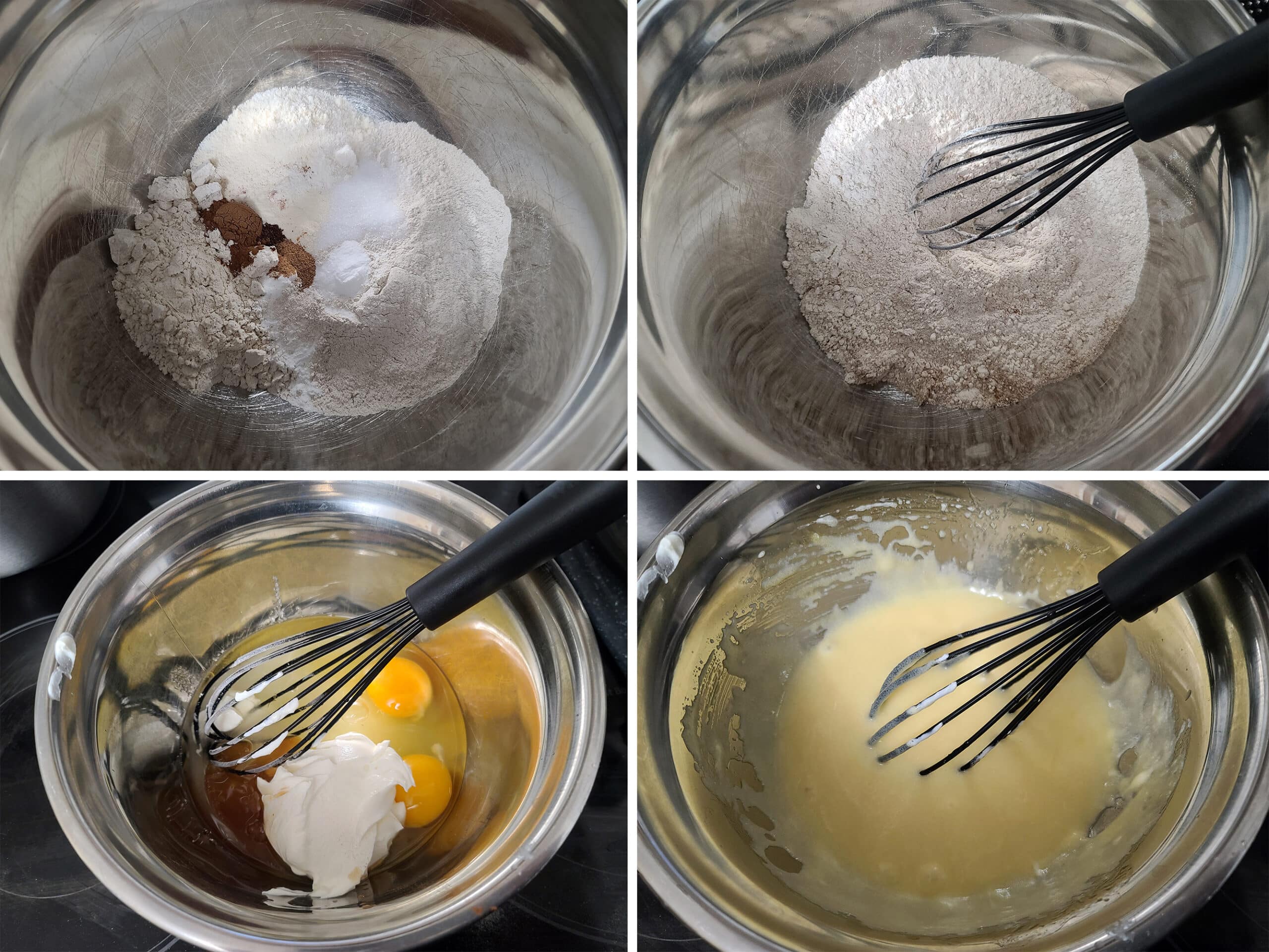 A 4 part image showing the dry ingredients being mixed in one bowl, and the wet ingredients in another.