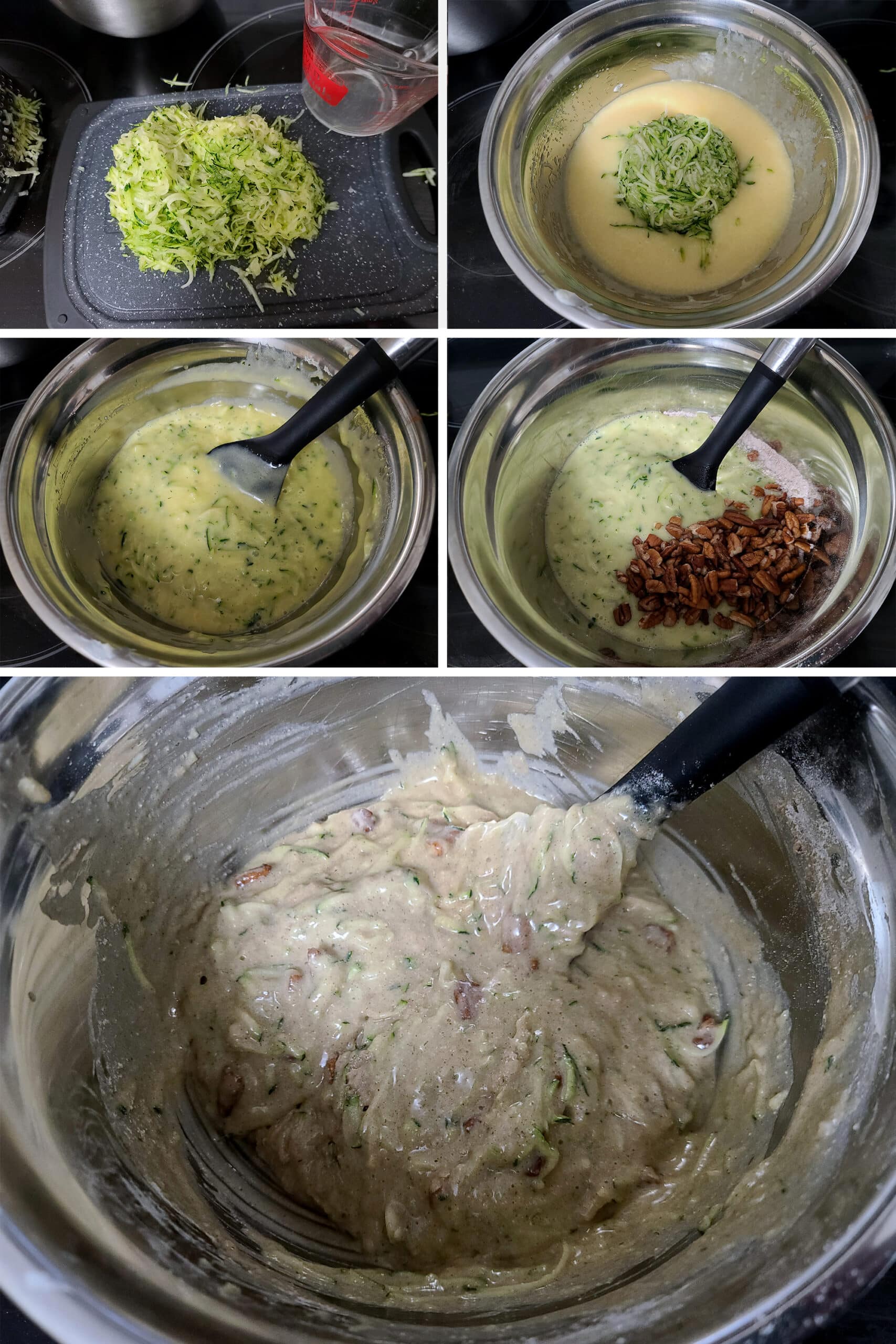 A 5 part image showing the zucchini being mixed with the wet ingredients, then added to the dry ingredients with the nuts,