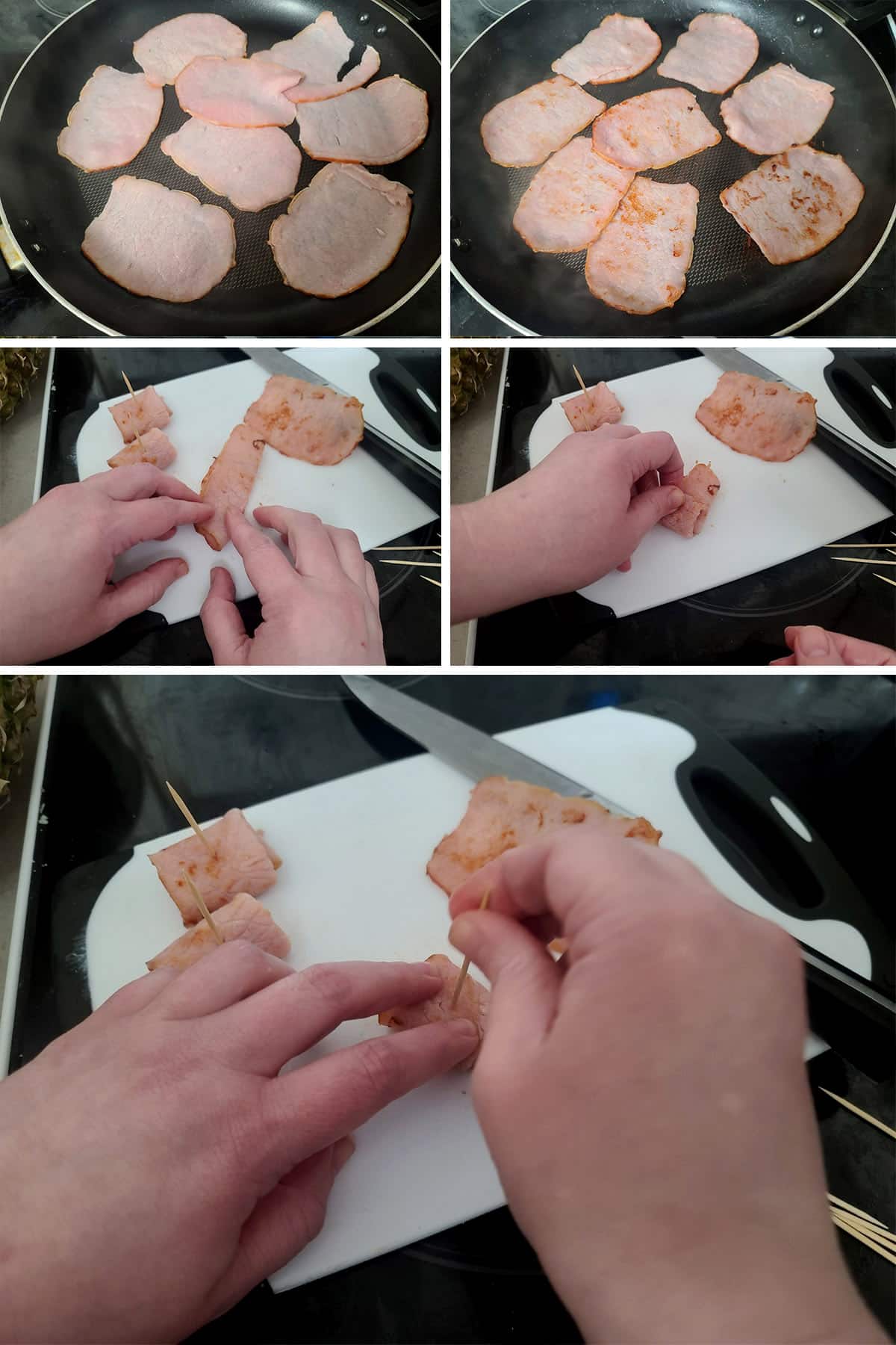 A 5 part image showing the slices of back bacon being fried, folded in 4, and stuck with toothpicks.