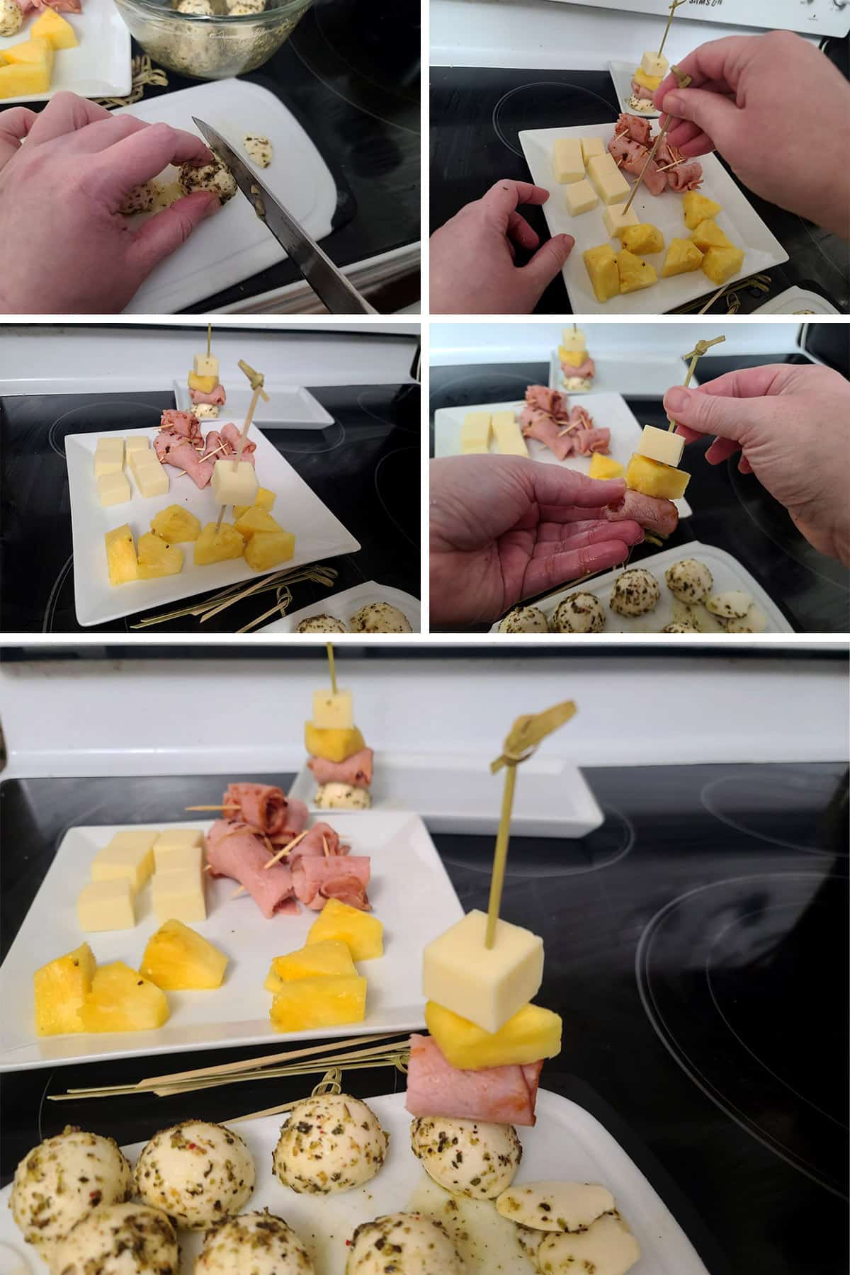 A 5 part image showing the ingredients being threaded on a skewer.