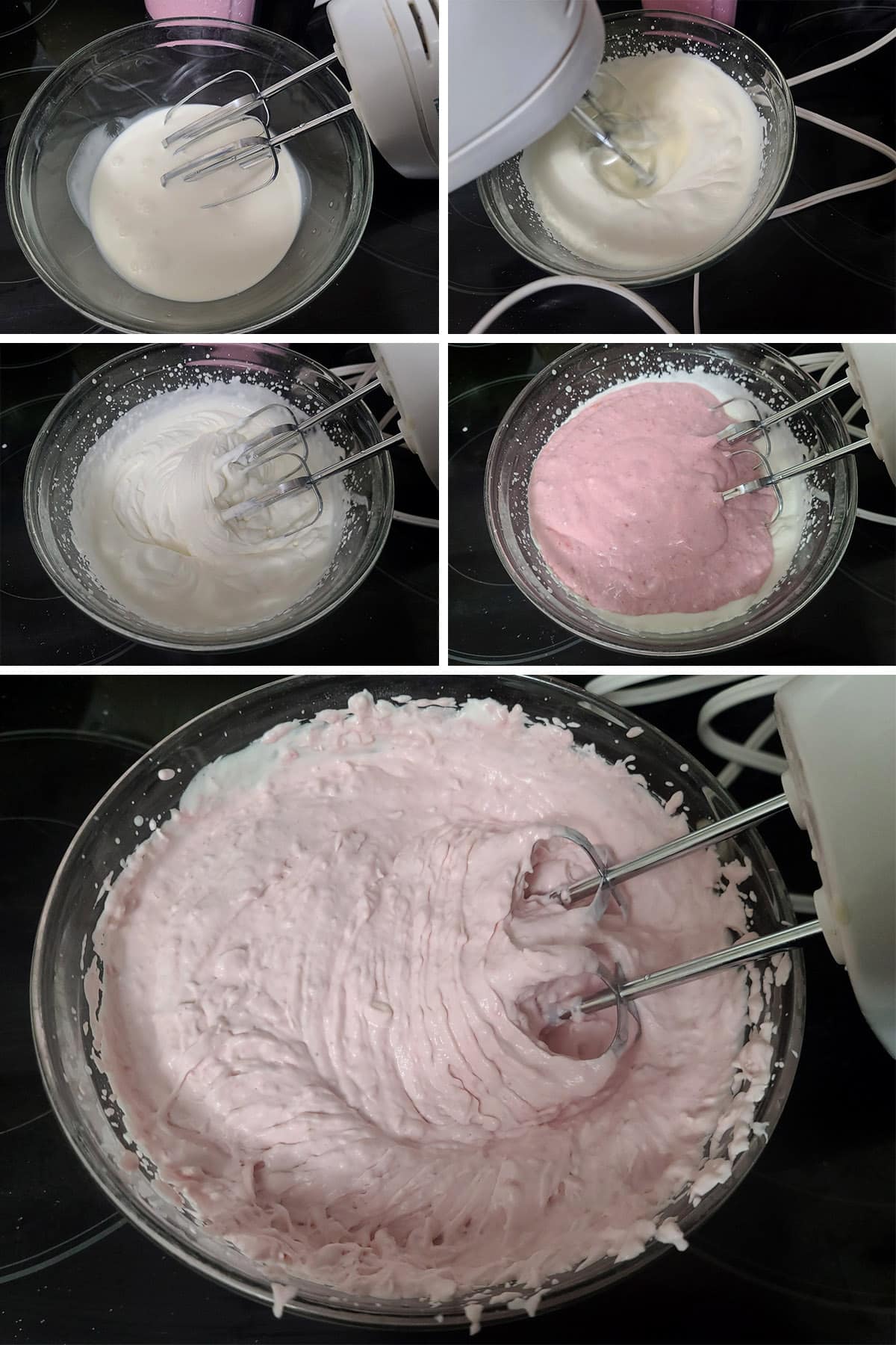 A 5 part image showing the whipping cream being whipped and the raspberry cream cheese mixture blended in.
