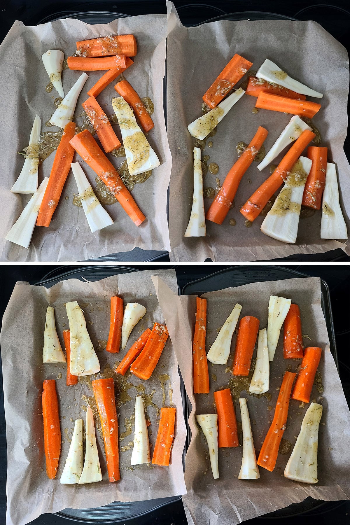 A 2 part image showing the carrots and parsnips on the baking sheets, drizzled wth sauce and stirred.