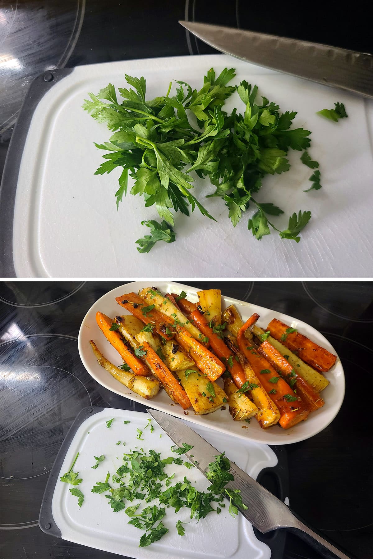 A 2 part image showing fresh parsley being chopped and sprinkled over the serving dish.