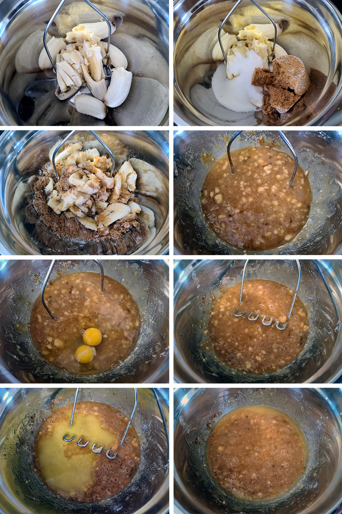 An 8 part image showing the bananas being mashed and combined with the wet ingredients.