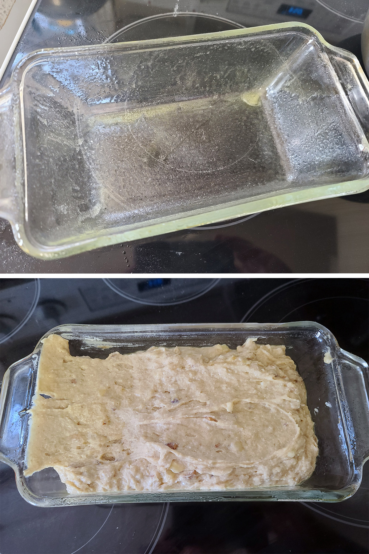 A 2 part image showing the prepared loaf pan, and the same loaf pan filled with banana bread batter.