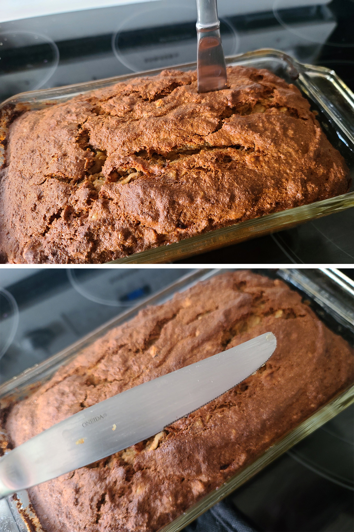 A 2 part image showing a knife inserted into the baked loaf of bread and pulled out clean.