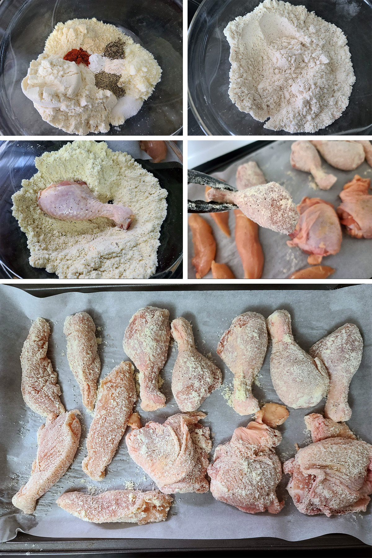 A 5 part image showing the coating mix being made, and the chicken pieces coated in it.