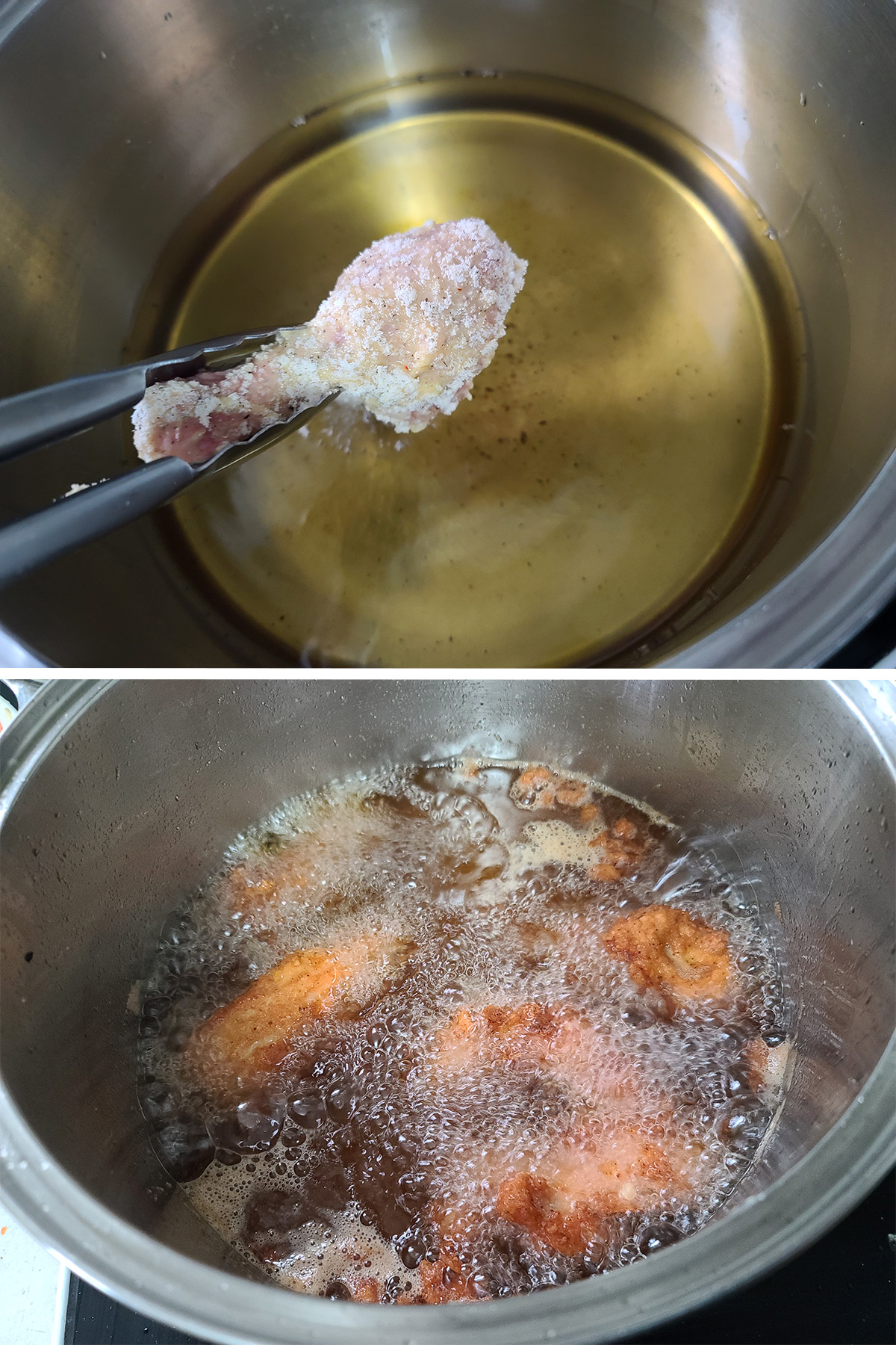 Gluten free fried chicken being deep fried.