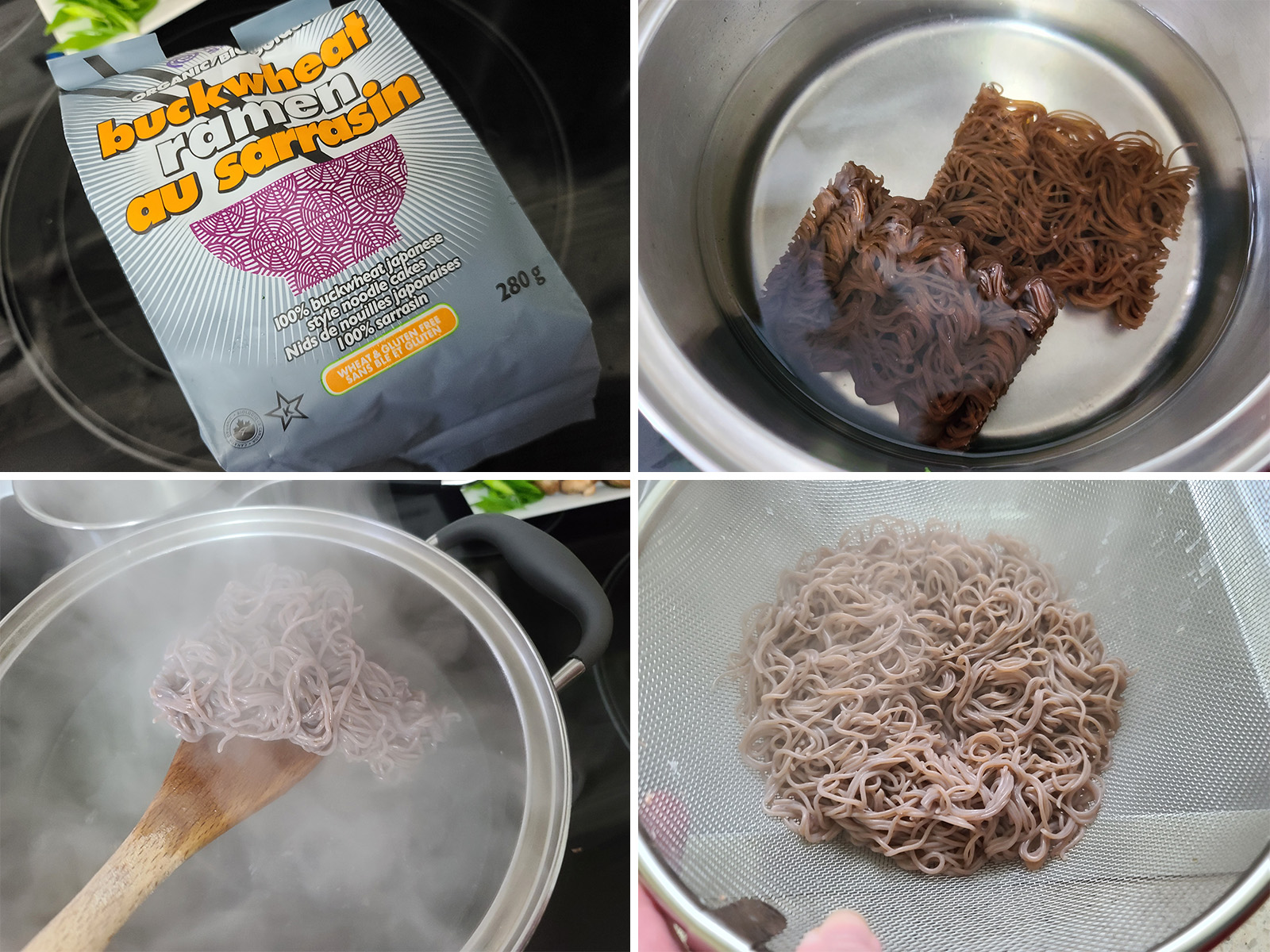 A 4 part image showing gluten free ramen cookies being cooked and drained.