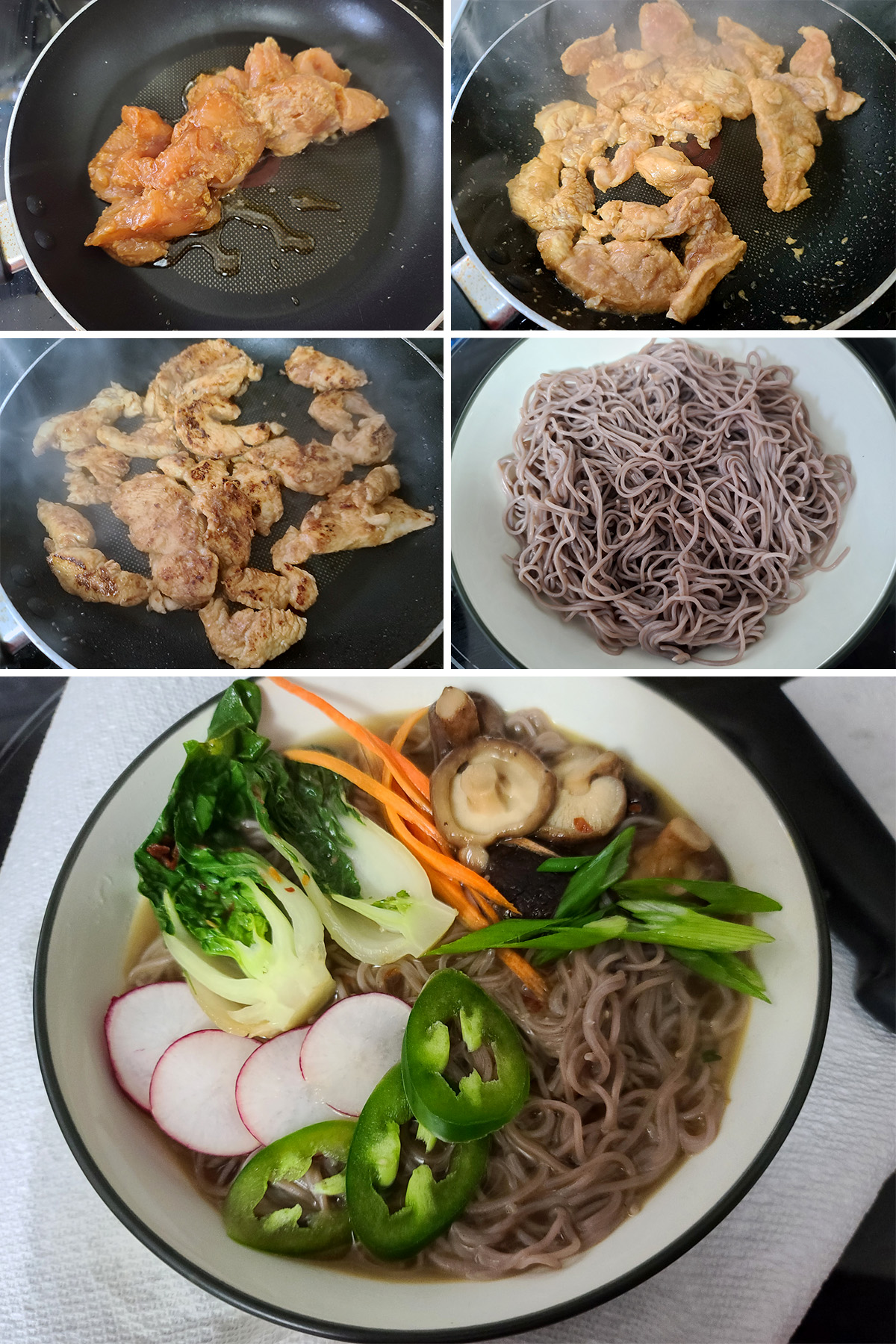 A 5 part image showing the chicken being cooked and the ramen bowl being assembled.