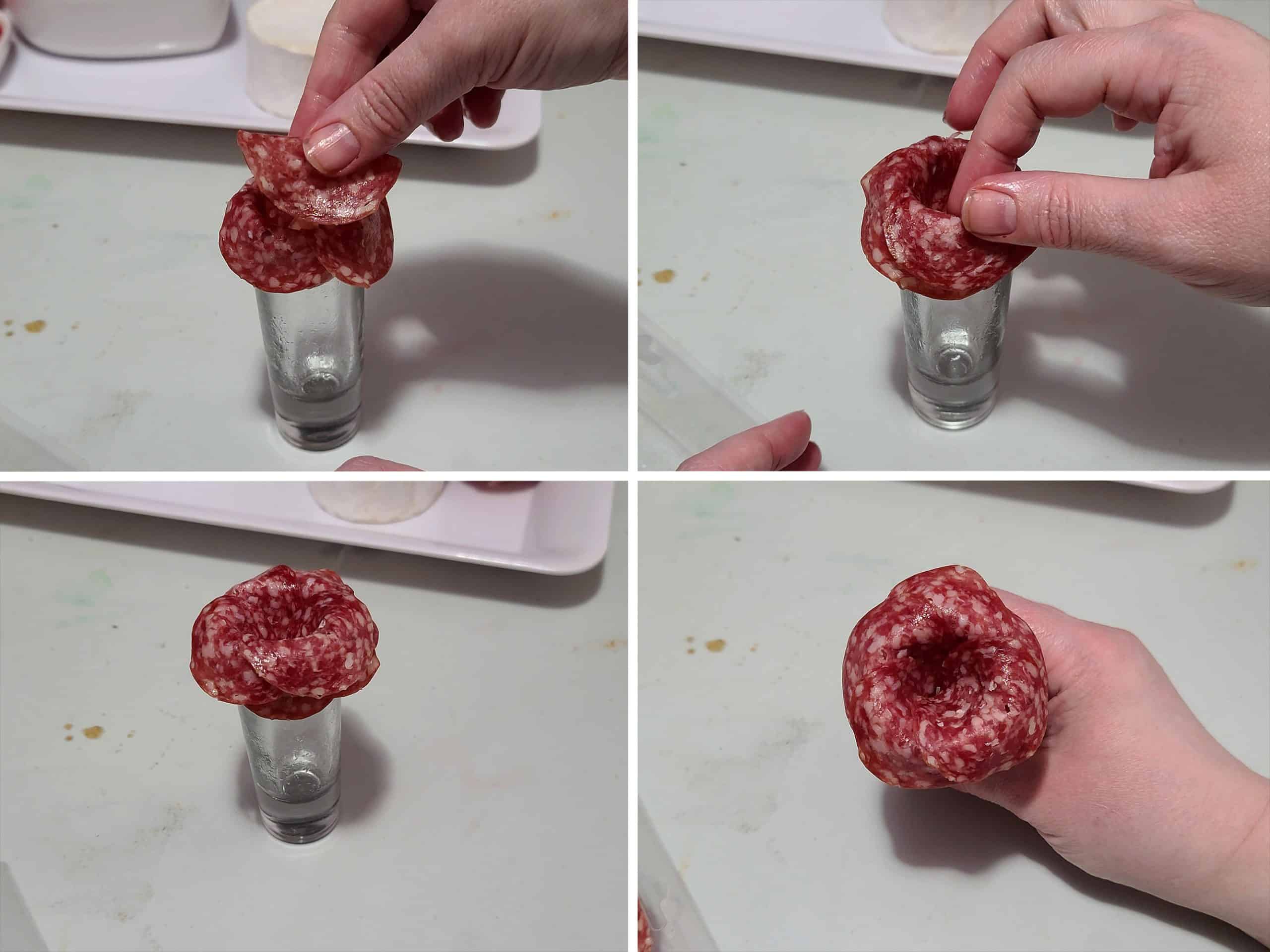 A 4 part image showing a small salami rose being made on a shot glass.