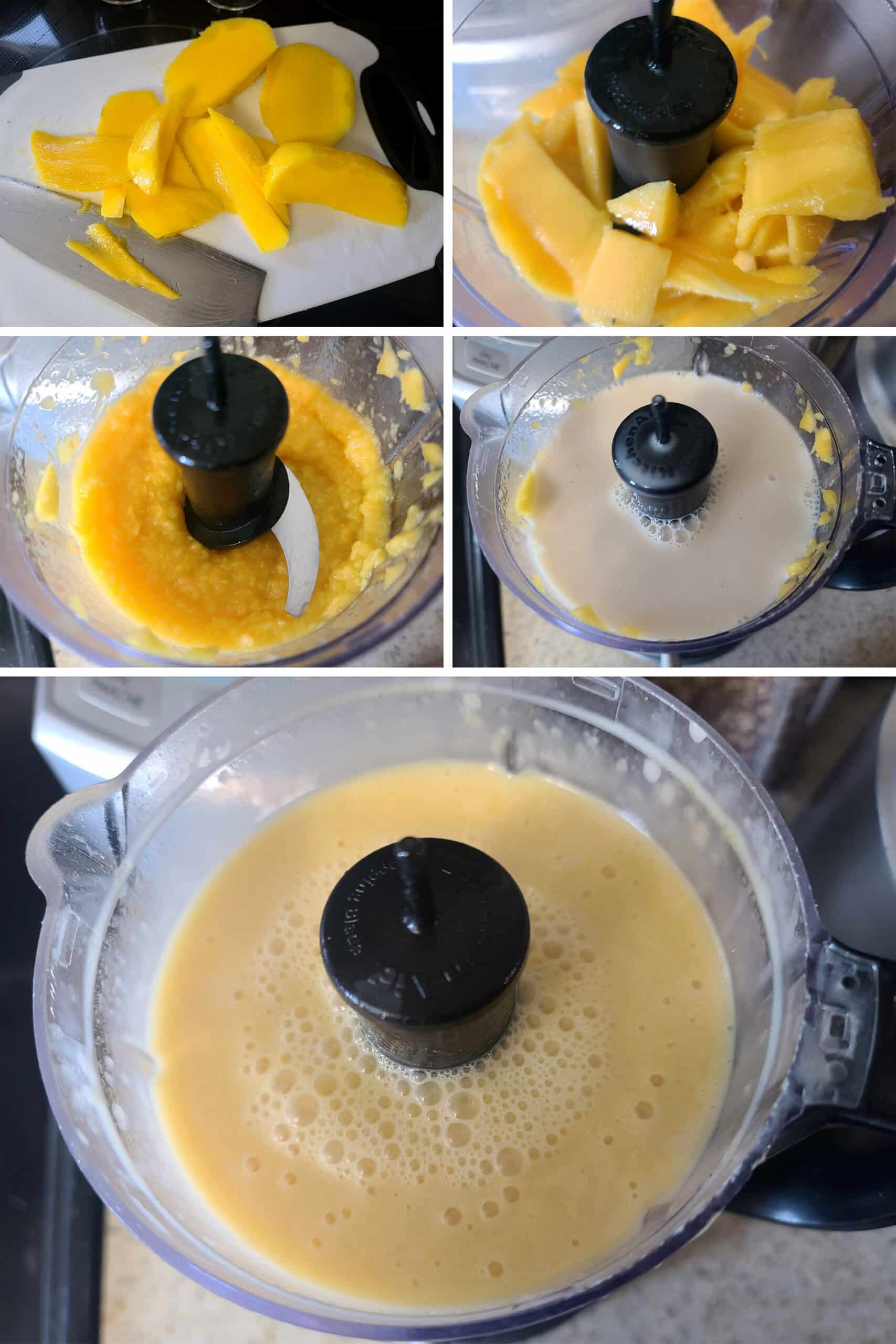A 5 part image showing mango being peeled, chopped, and pureed with almond milk.