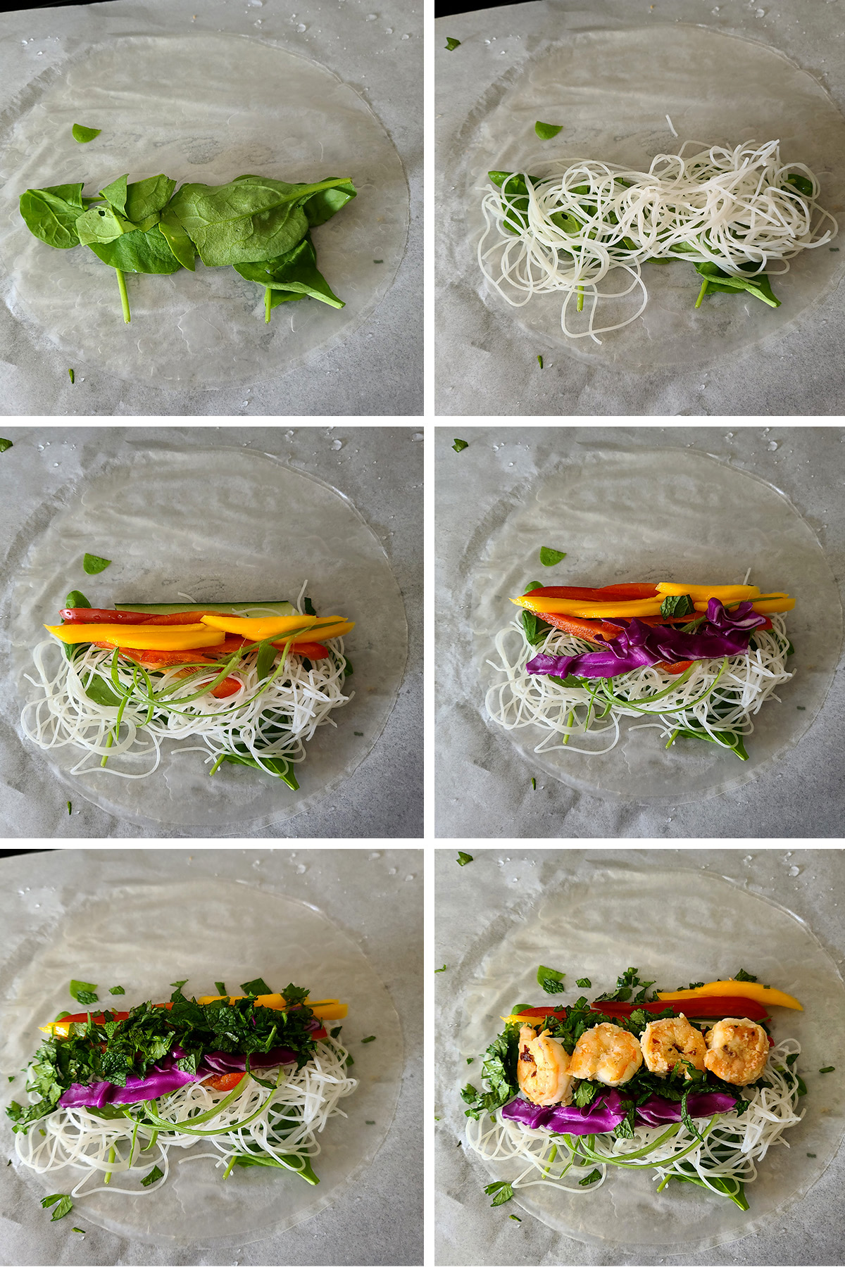 A 6 part image showing the ingredients being stacked on the rice paper wrapper.