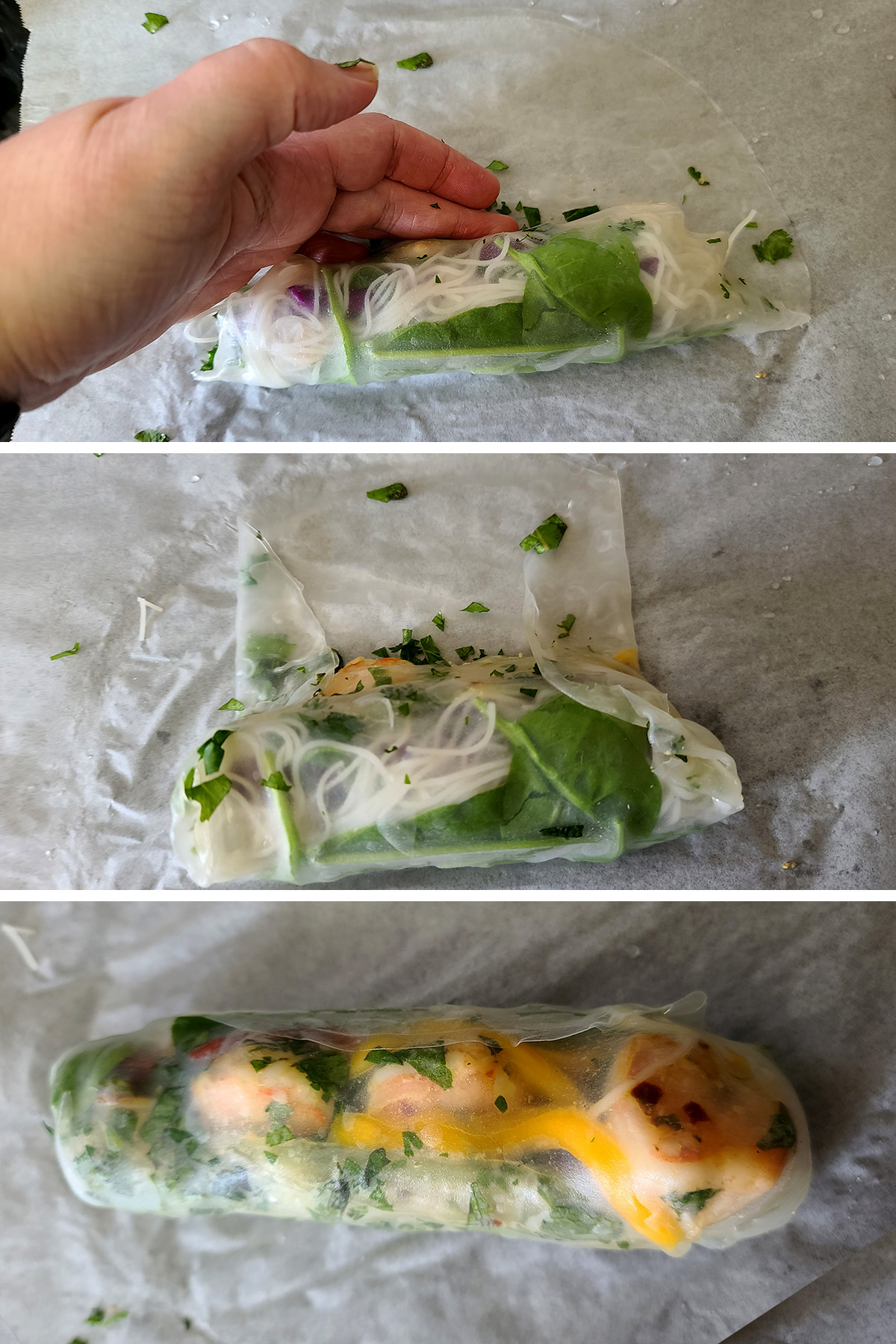 A 3 part image showing the spring roll being folded as described in the post.