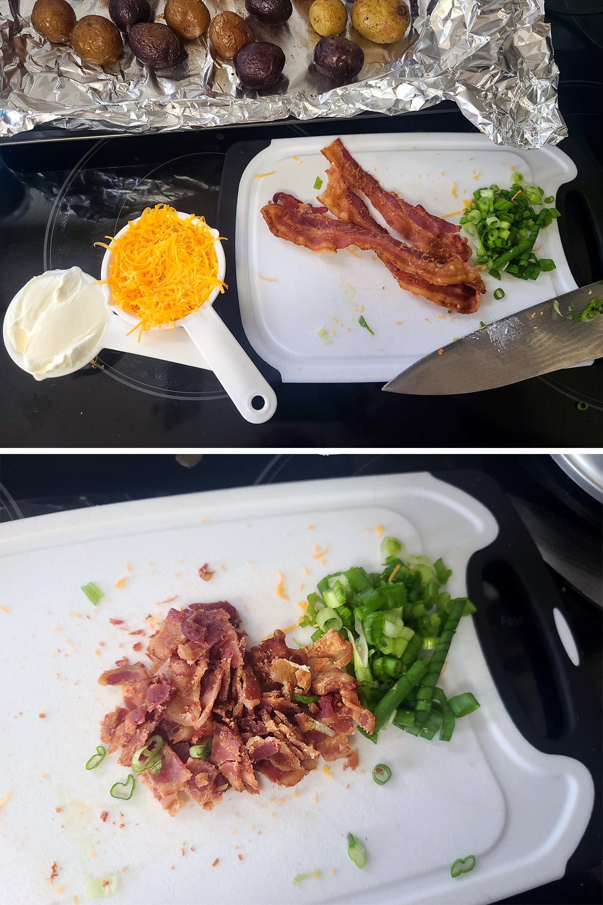 A 2 part image showing the bacon, green onion and green onions being chopped.