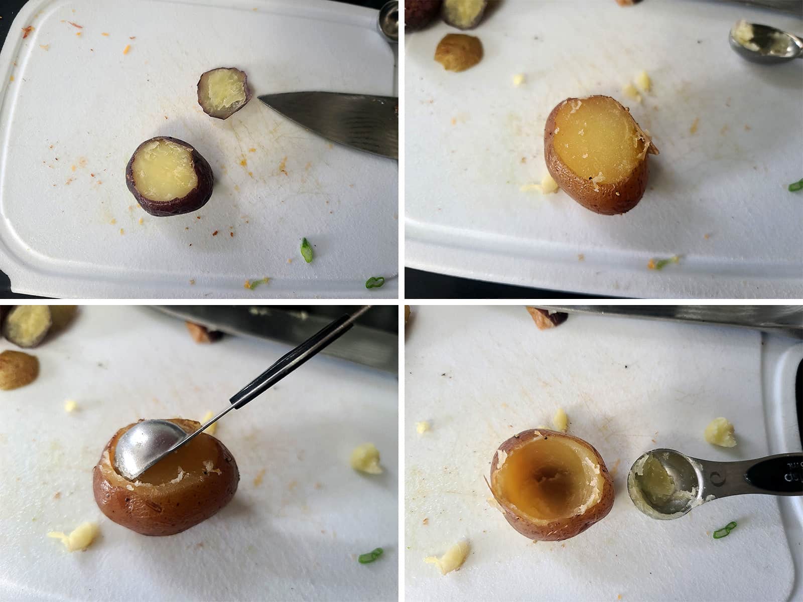 A 4 part image showing a small metal measuring spoon being used to scoop the flesh from a roasted mini potato.