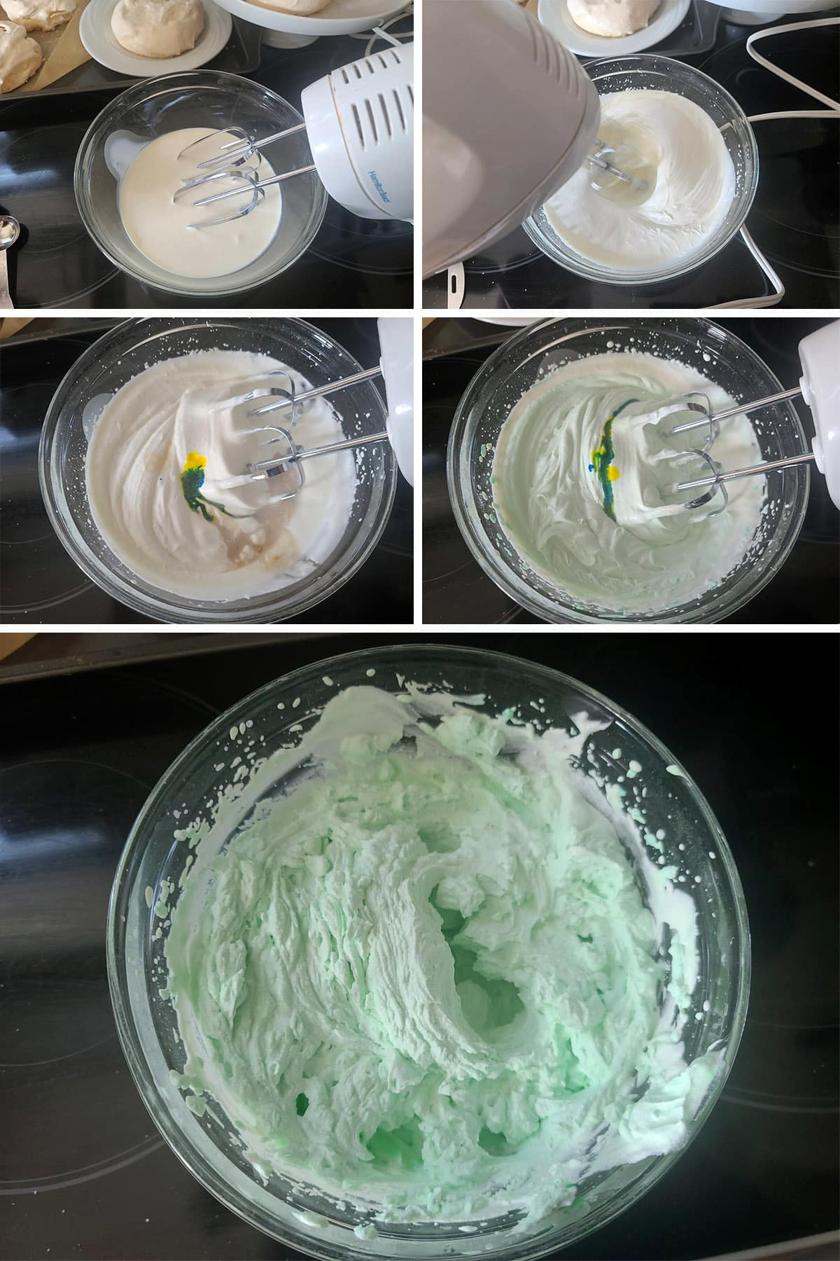 A 5 part image showing the heavy cream being whipped, flavoured, and dyed pale green.
