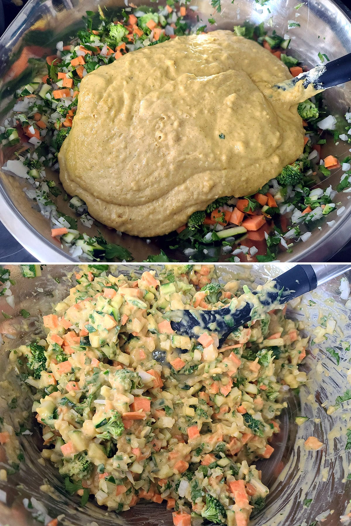 A 2 part image showing the batter being added to the veggies and mixed together.