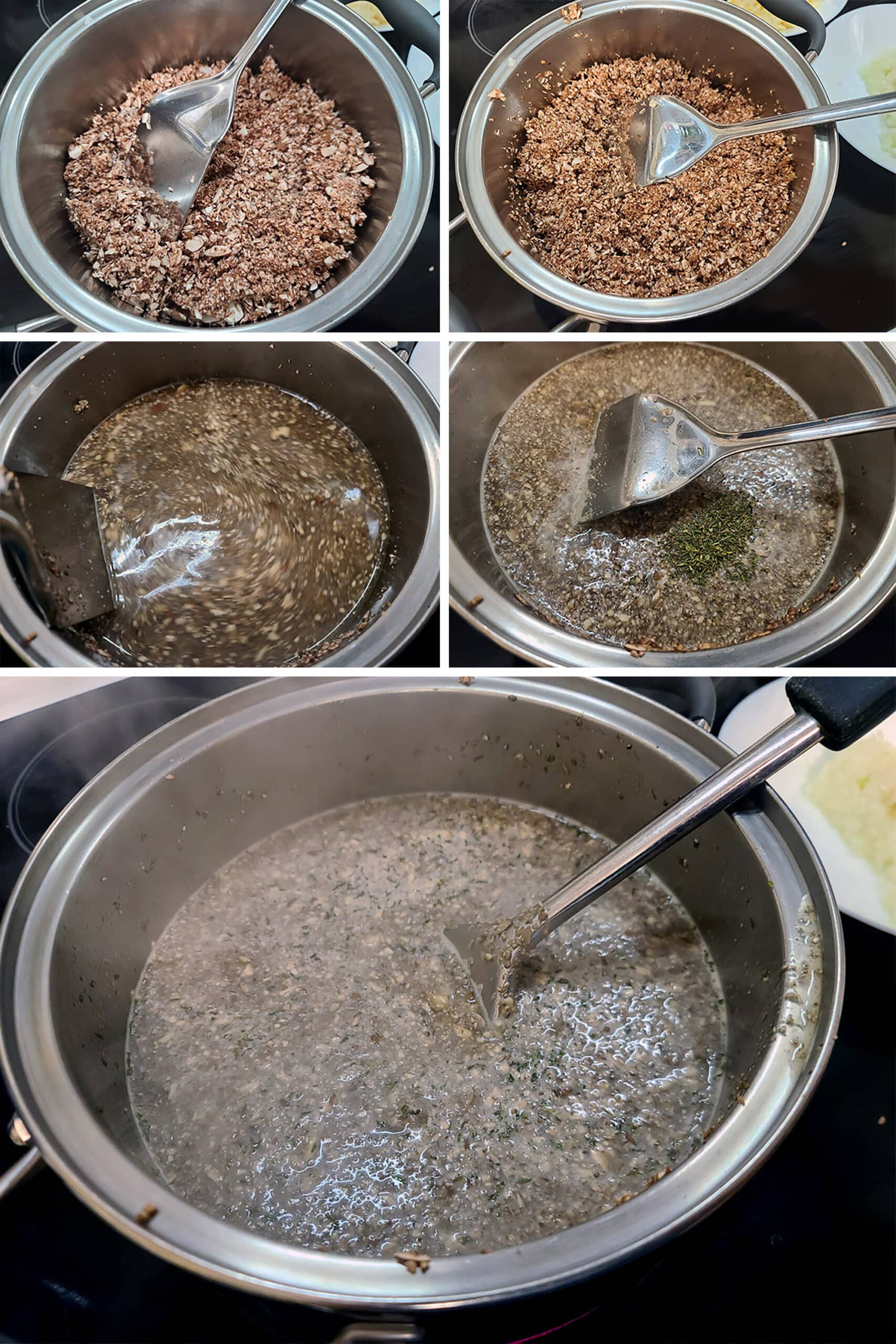 5 part image showing the finely chopped mushrooms simmering in broth.