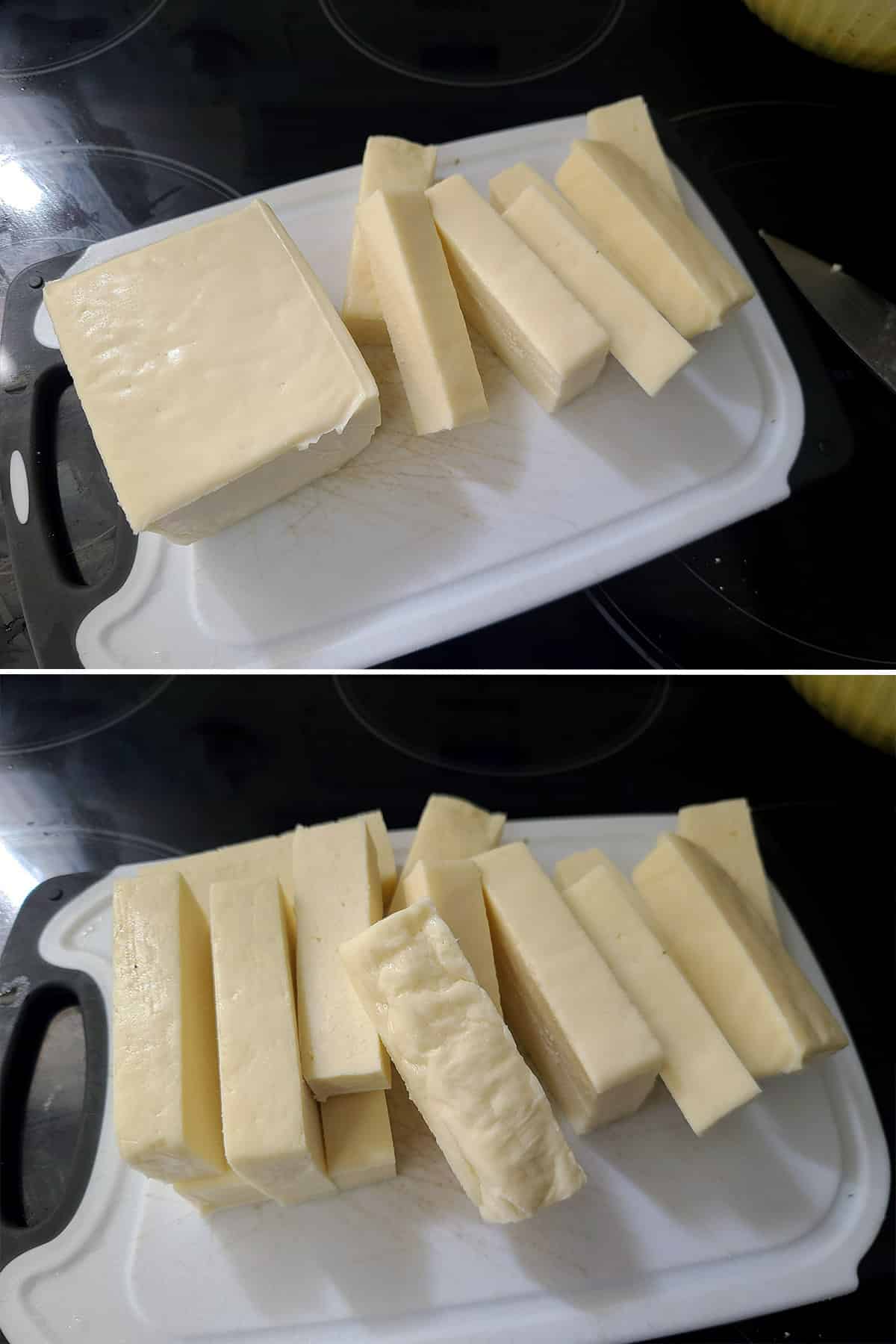 A 2 part image showing the paneer being cut into fingers.