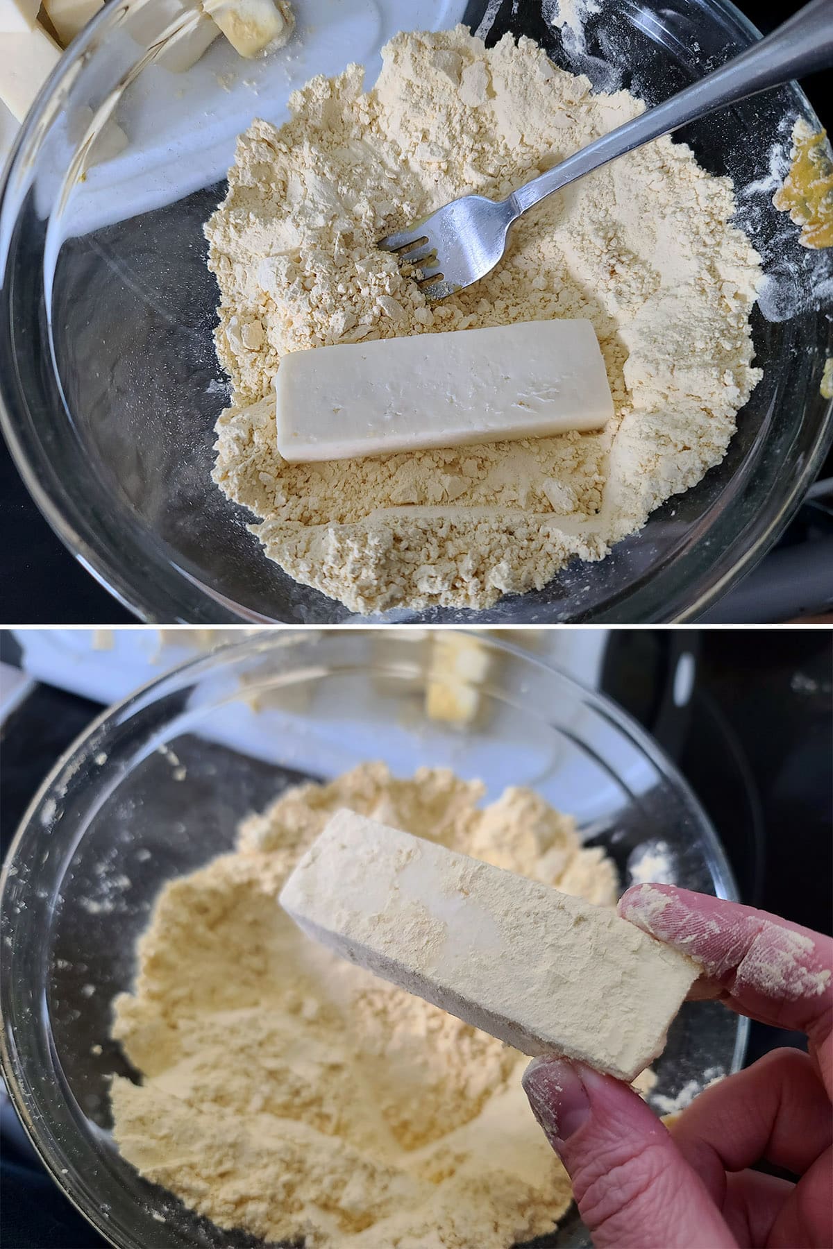 A 2 part image showing a paneer stick being rolled in gram flour.