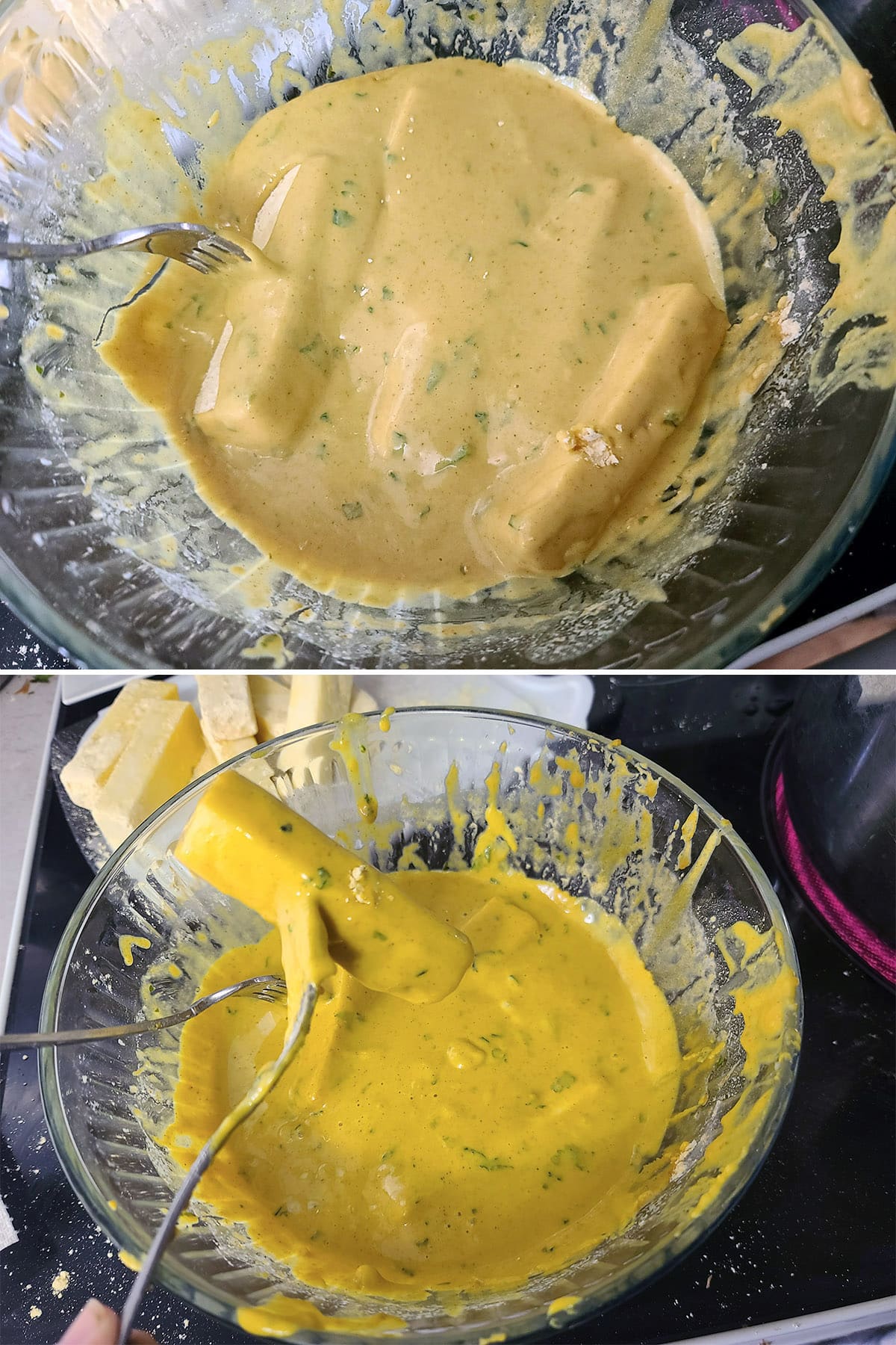 A 2 part image showing a paneer stick being dipped in batter.