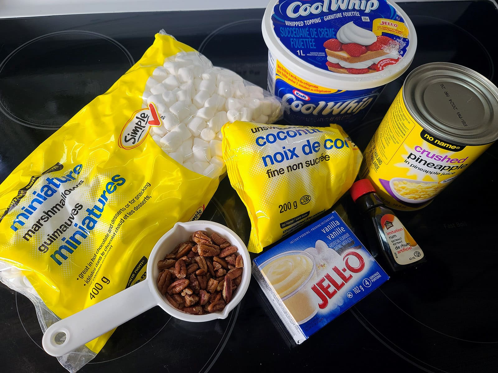 All of the ingredients for this recipe, laid out on a stove top.