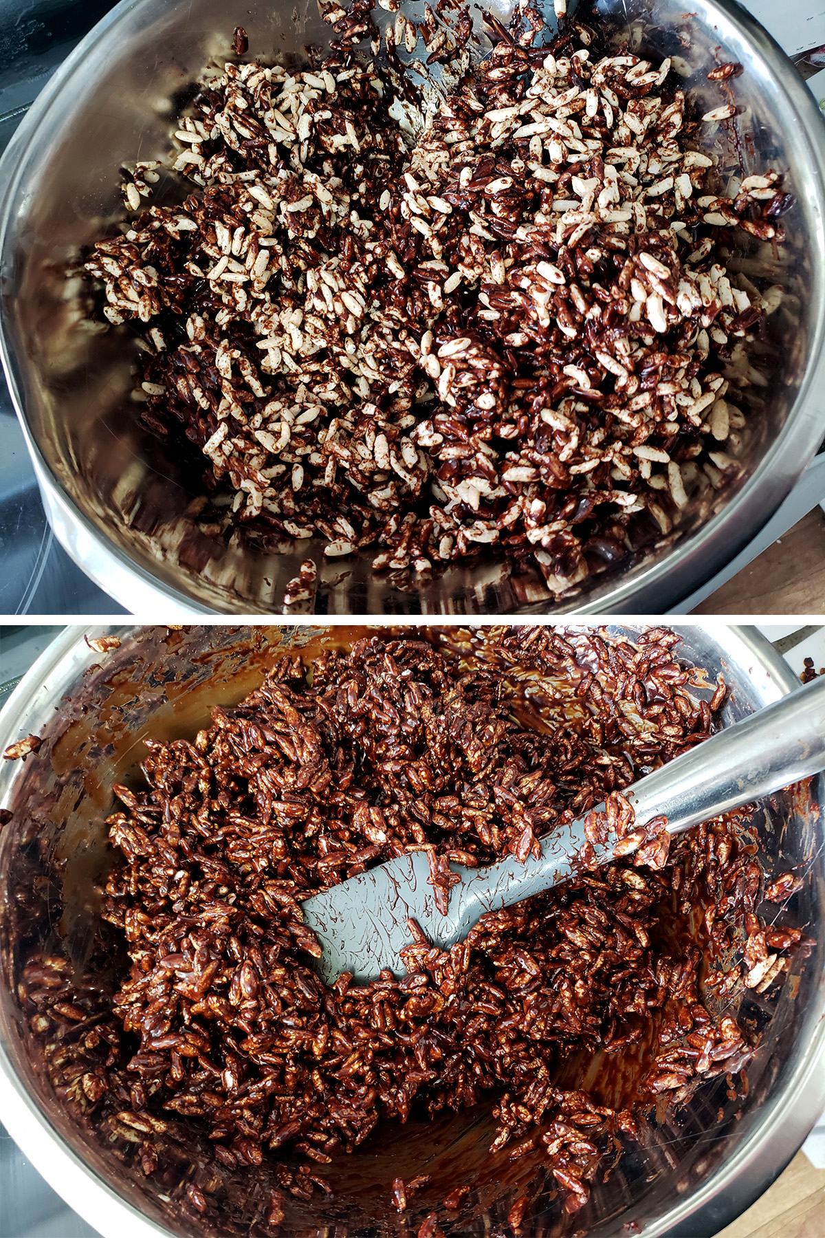 A two part image showing the chocolate caramel being mixed in with the cereal. In the first image, the caramel is only partially mixed in. In the second, it coats all the cereal.