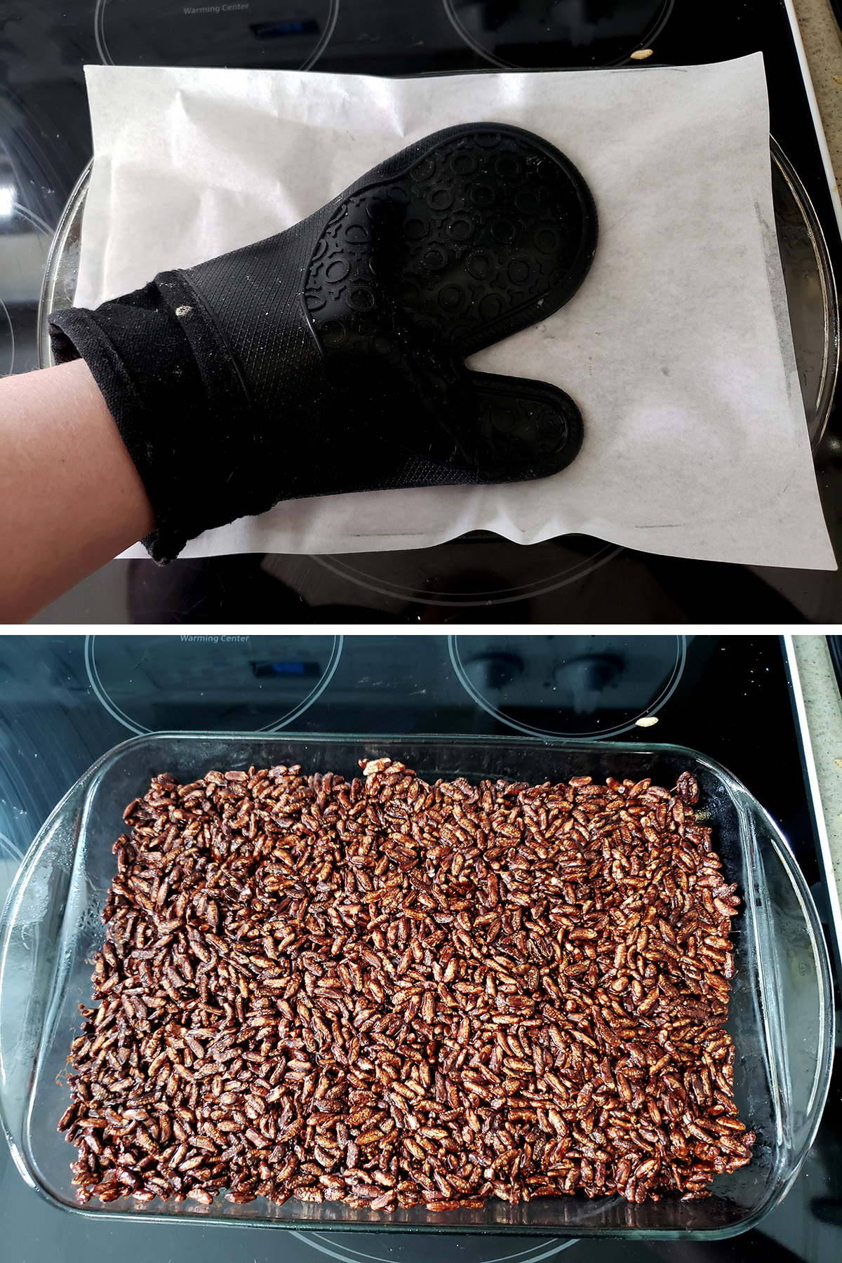 A two part image showing an oven glove and a sheet of parchment being used to flatten the bars, and the bars in the pan, nicely smoothed out.