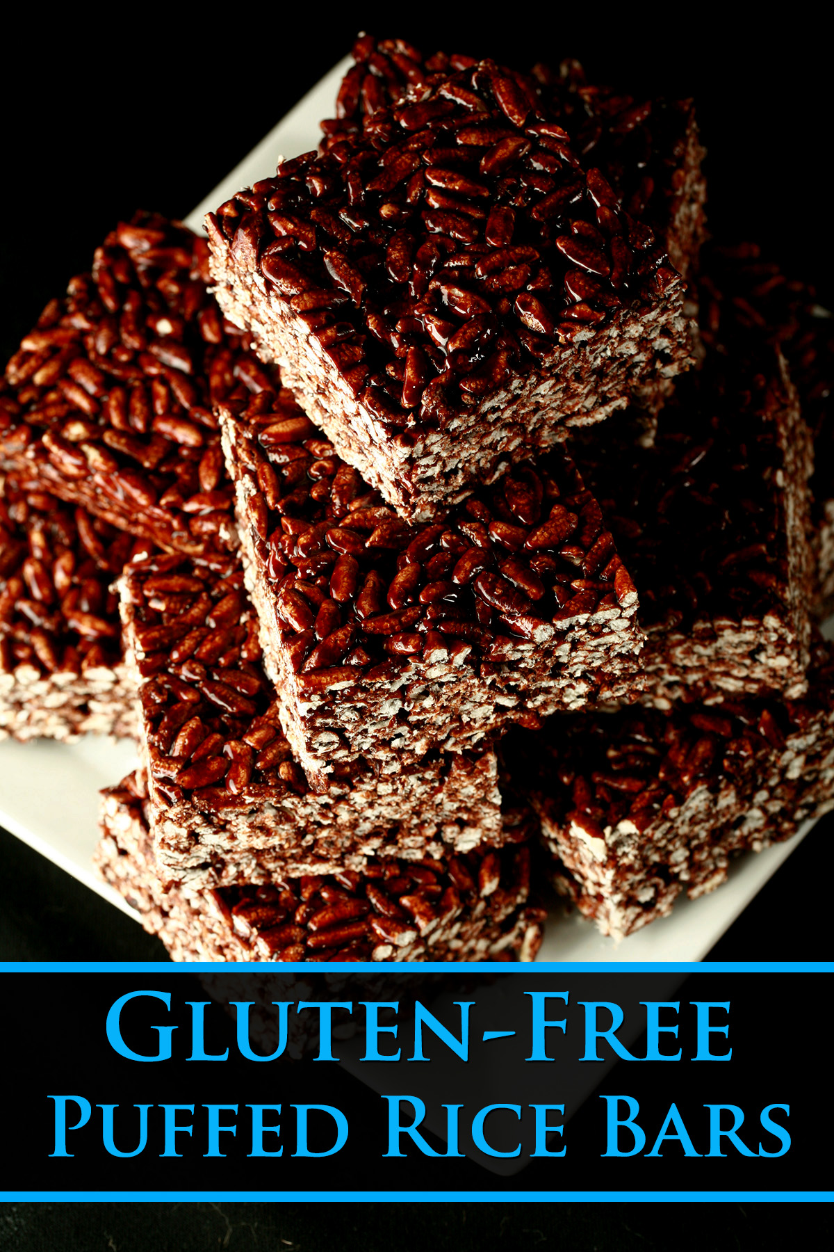 Gluten-Free Puffed Rice Bars, on a white square plate.