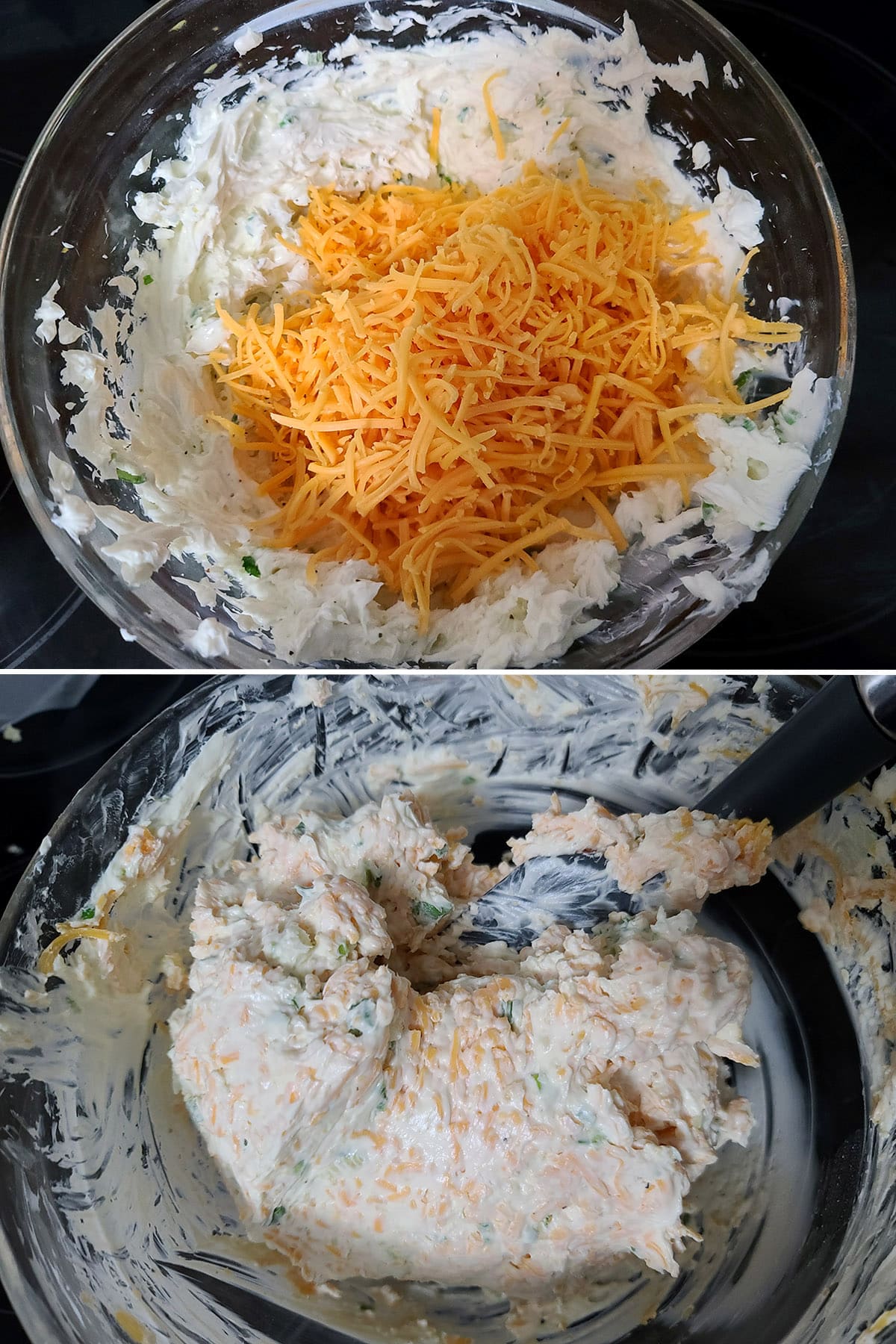 A 2 part image showing the cheddar cheese being mixed in.