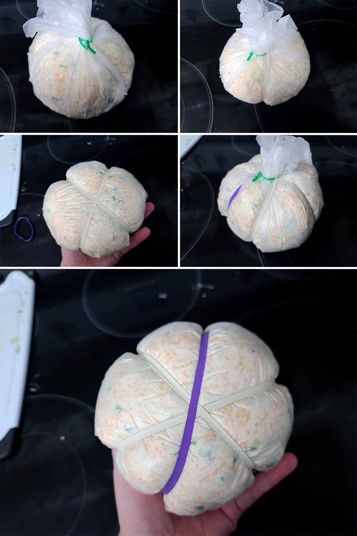A 5 part image showing a plastic wrapped ball of cheese ball mixture being wrapped with 3 elastic bands.