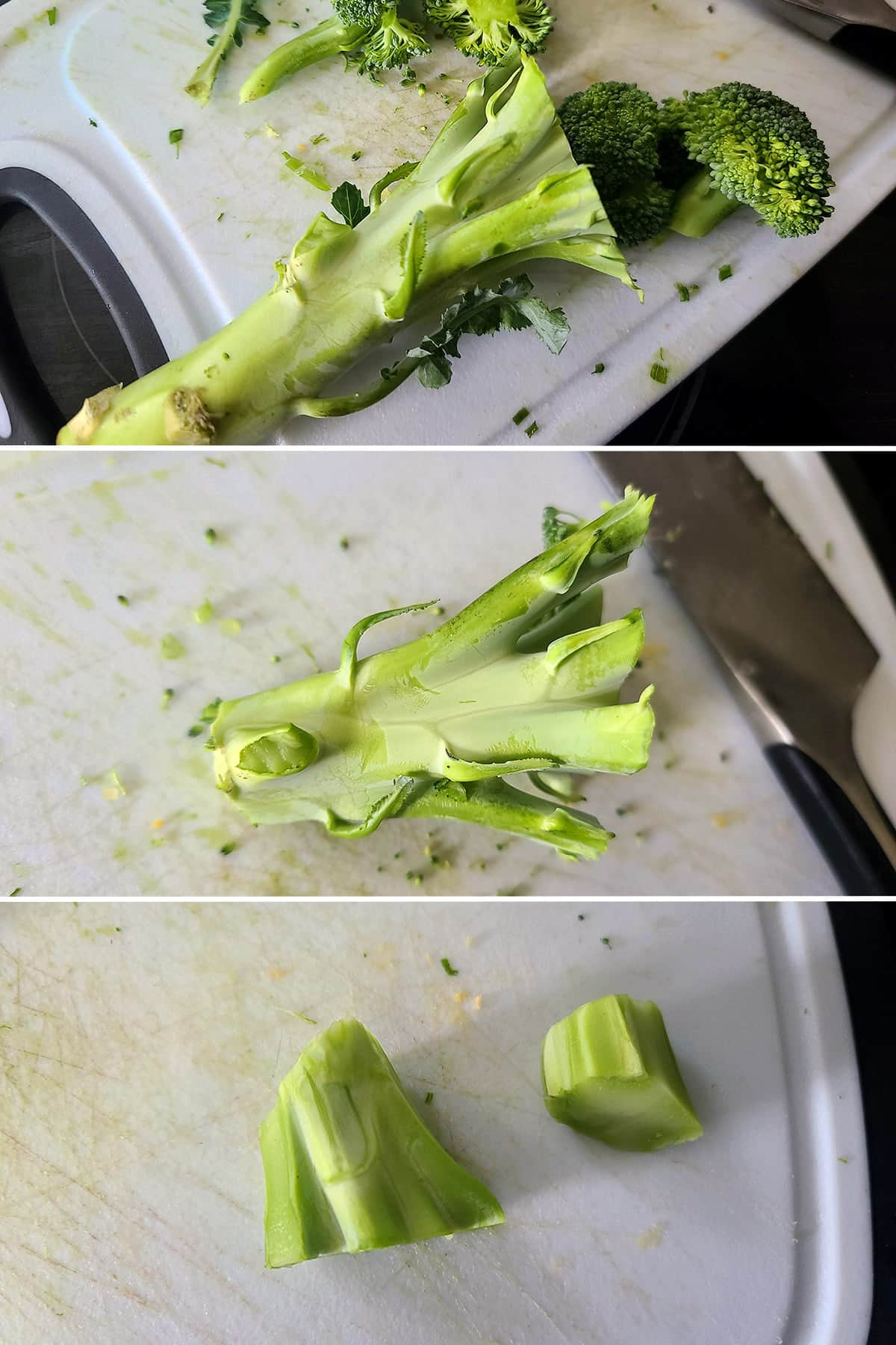 A 3 part image showing a chunk of broccoli stem being cut down to use as a pumpkin stem stump.