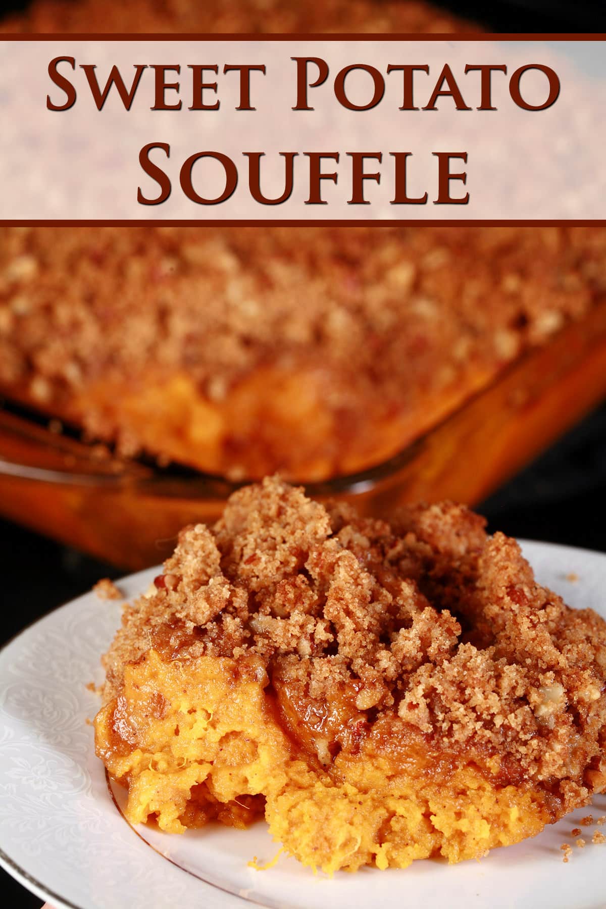 A serving of sweet potato souffle on a dish.