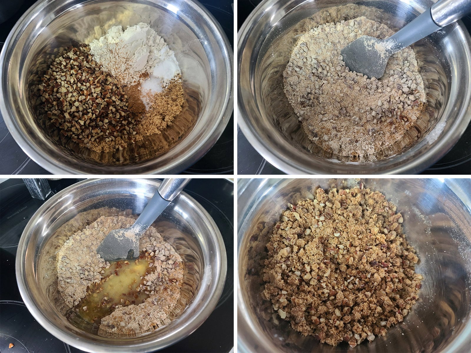 A 4 part image showing the butter pecan topping being mixed together.