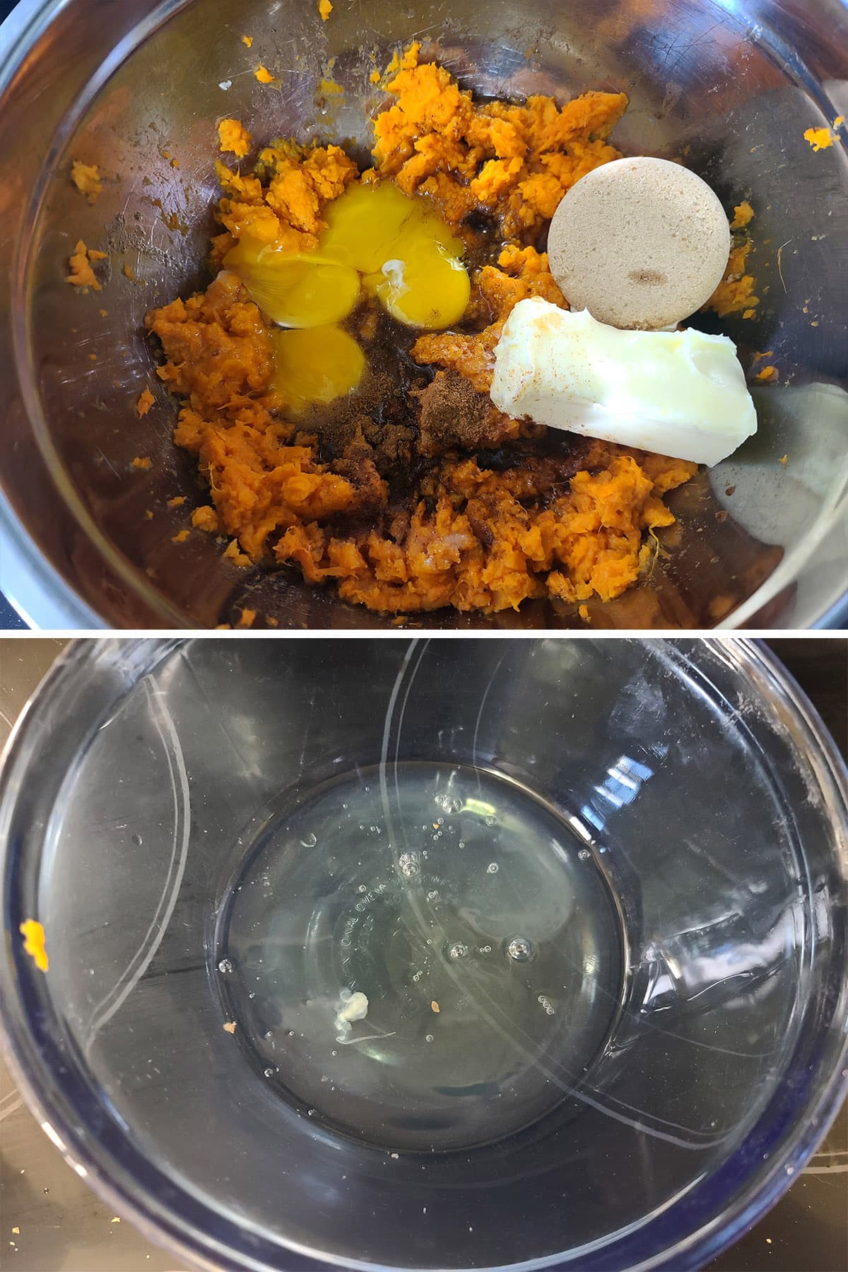 A 5 part image showing the souffle ingredients in a bowl, with the egg whites in a separate bowl.