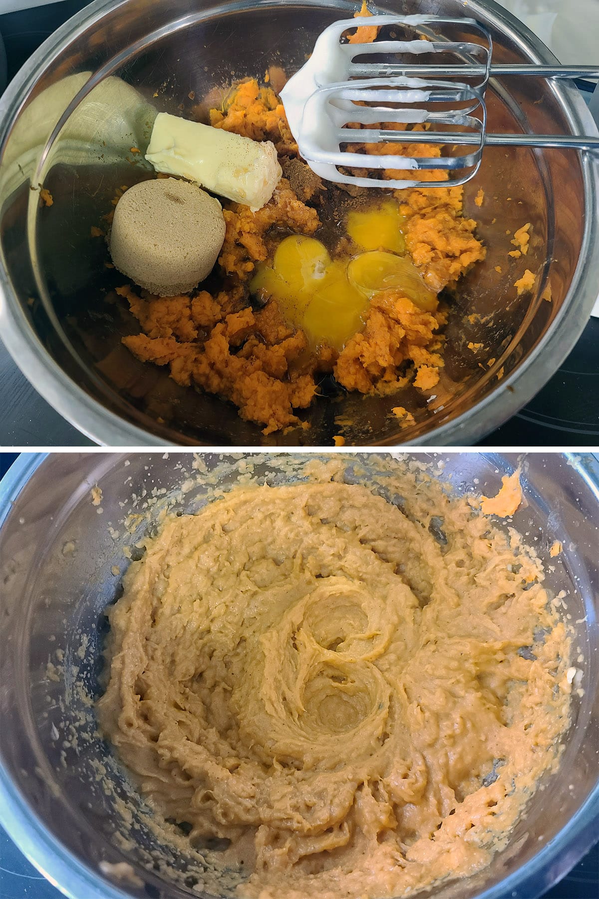 A 2 part image showing the souffle ingredients being whipped together.