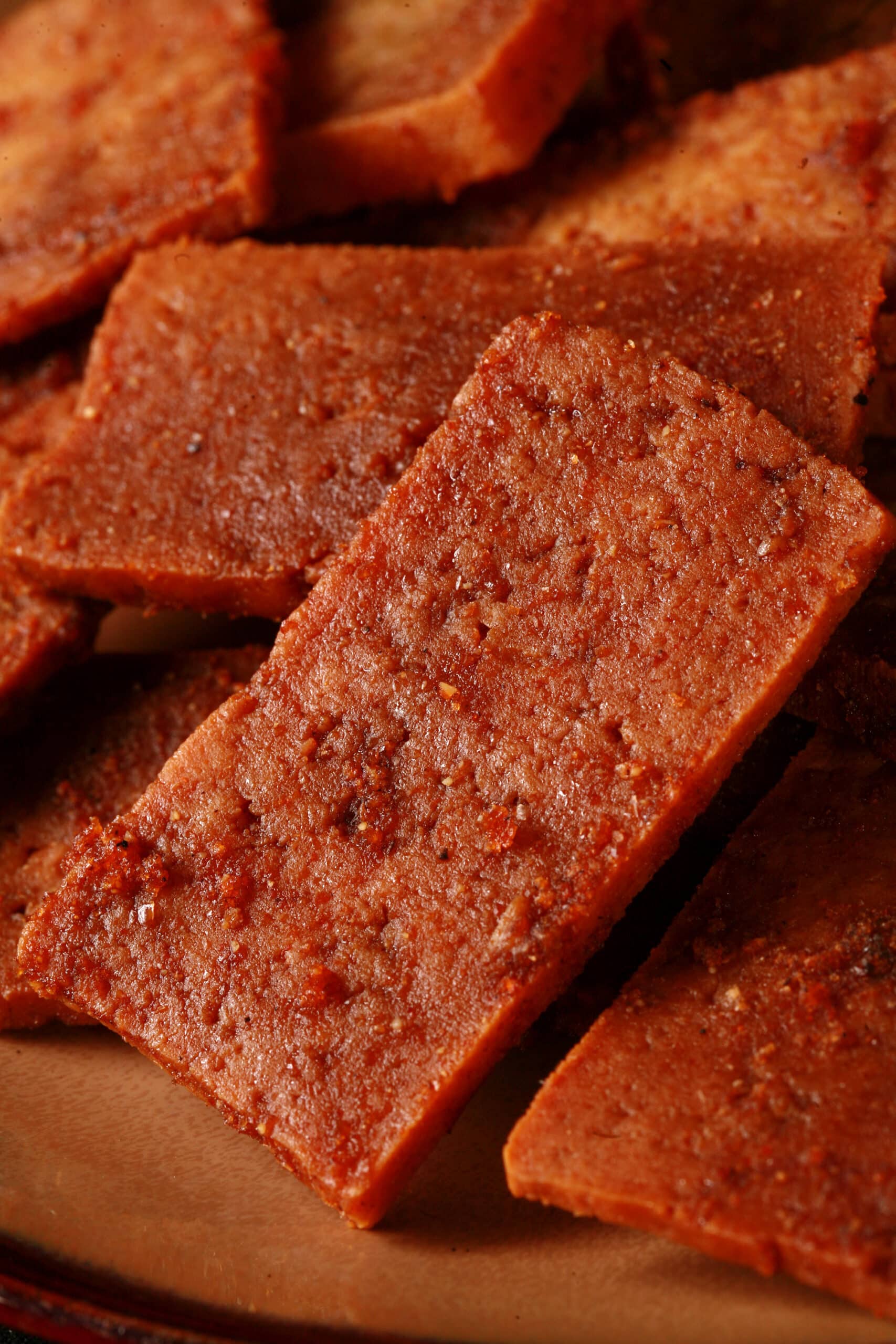 A plate of homemade vegan tofu jerky.