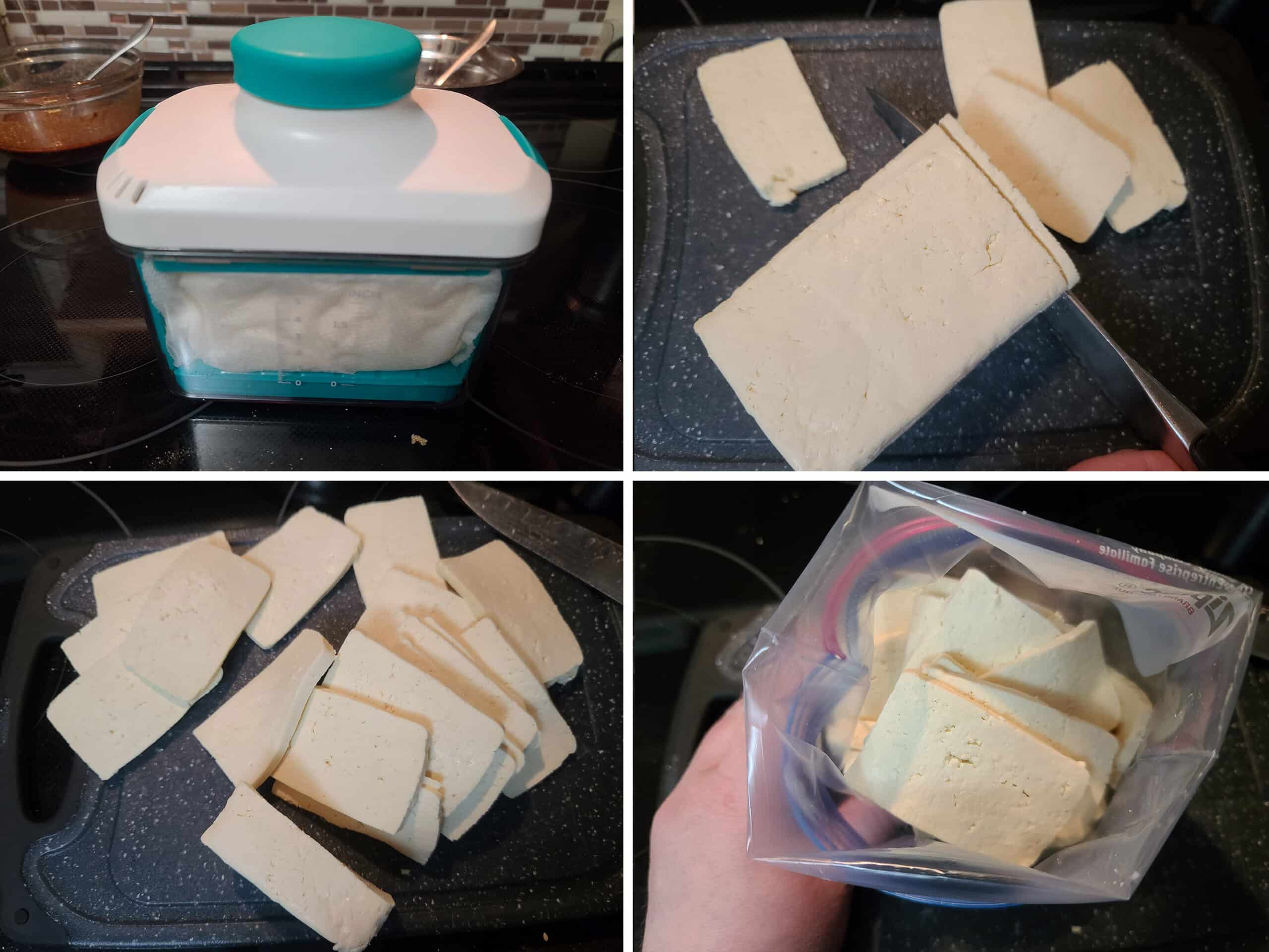 4 part image showing a brick of tofu being pressed, sliced, and put into a baggie.