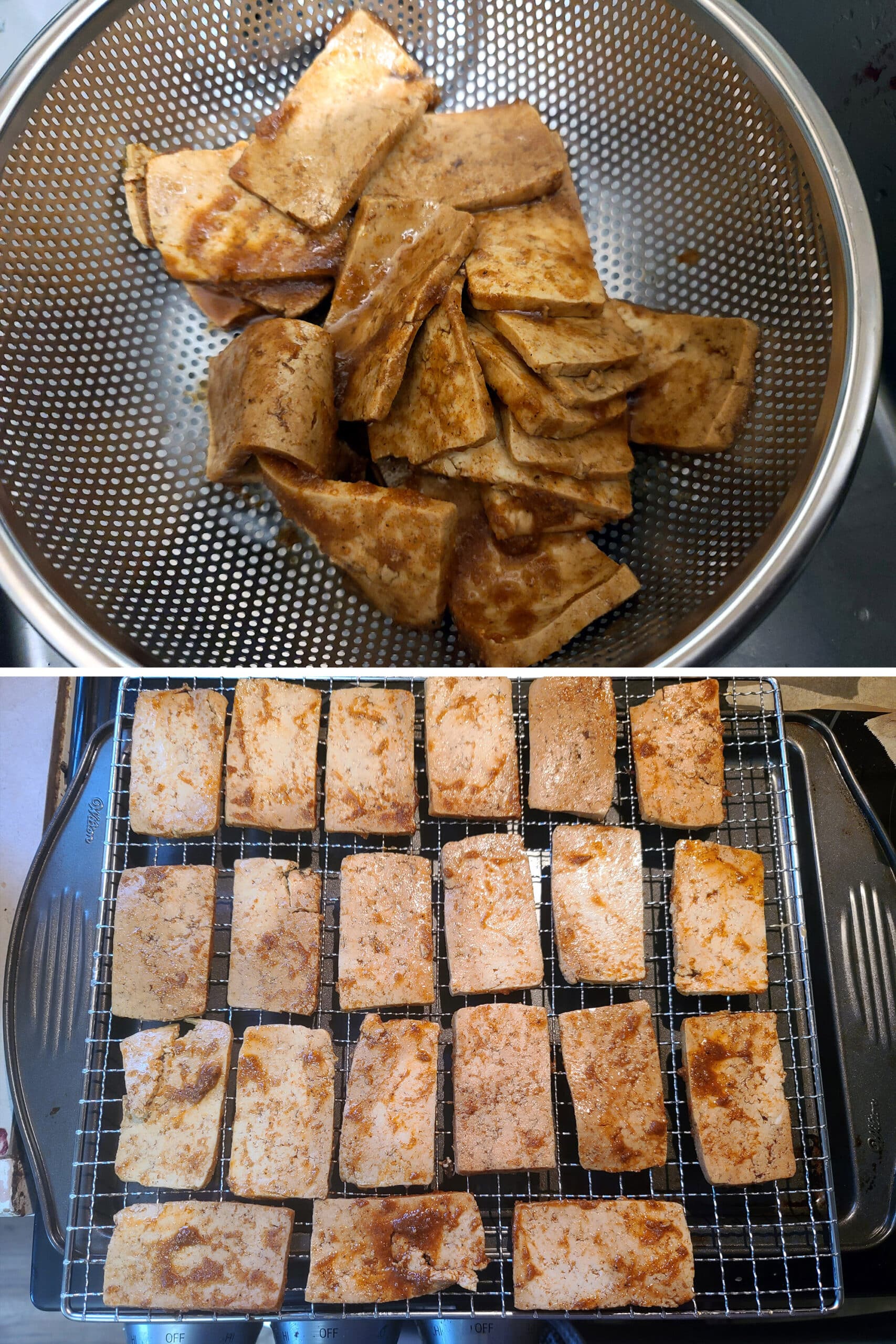 2 part image showing the marinated tofu slices being drained then laid out on dehydrator racks.