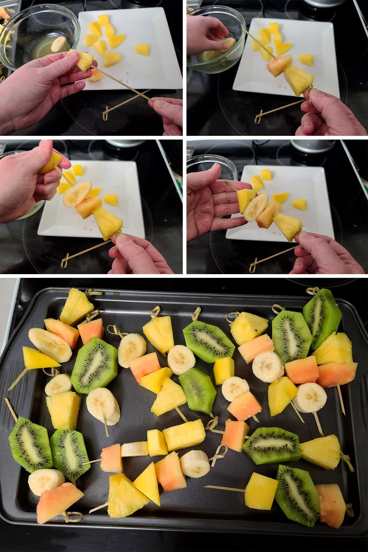 A 5 part image showing pieces of tropical fruit being threaded onto skewers.