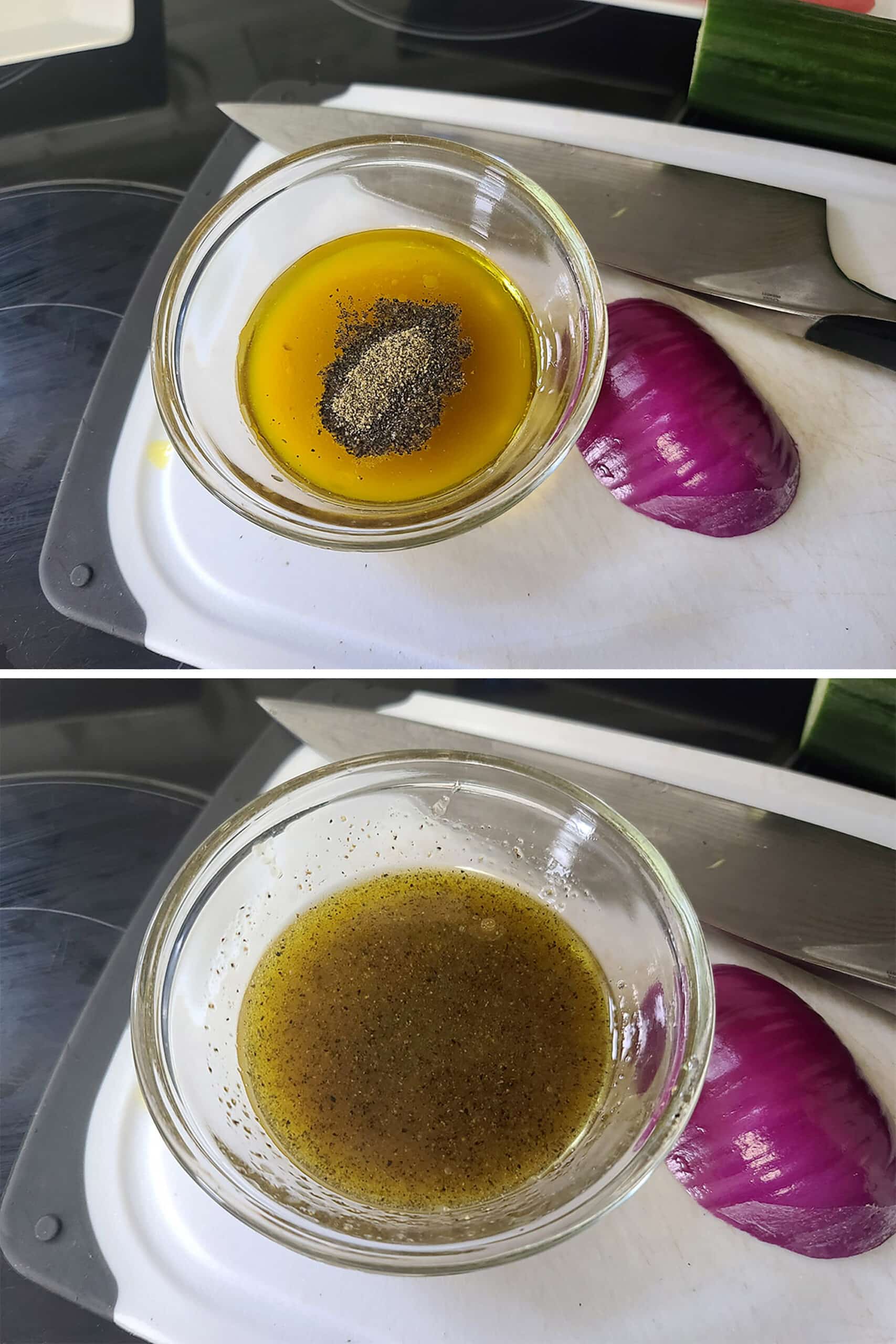 A 2 part image showing the vinaigrette being mixed in a small glass bowl.