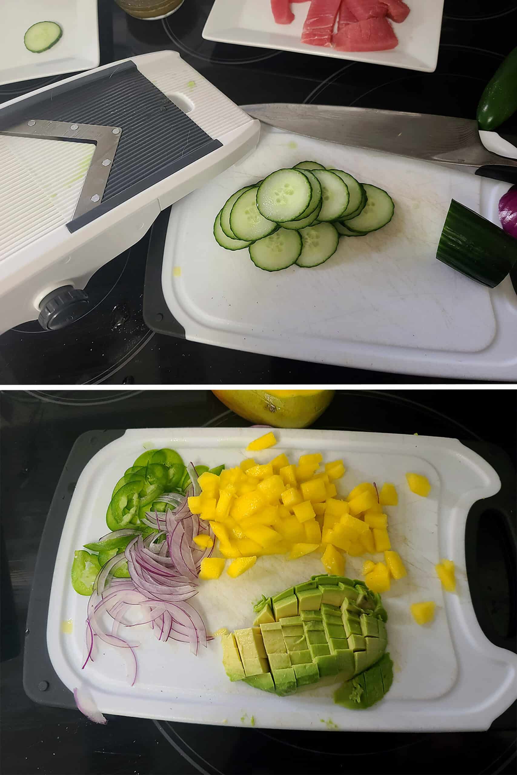 A 2 part image showing the cucumber being sliced on a mandoline, and the other produce being sliced and chopped.